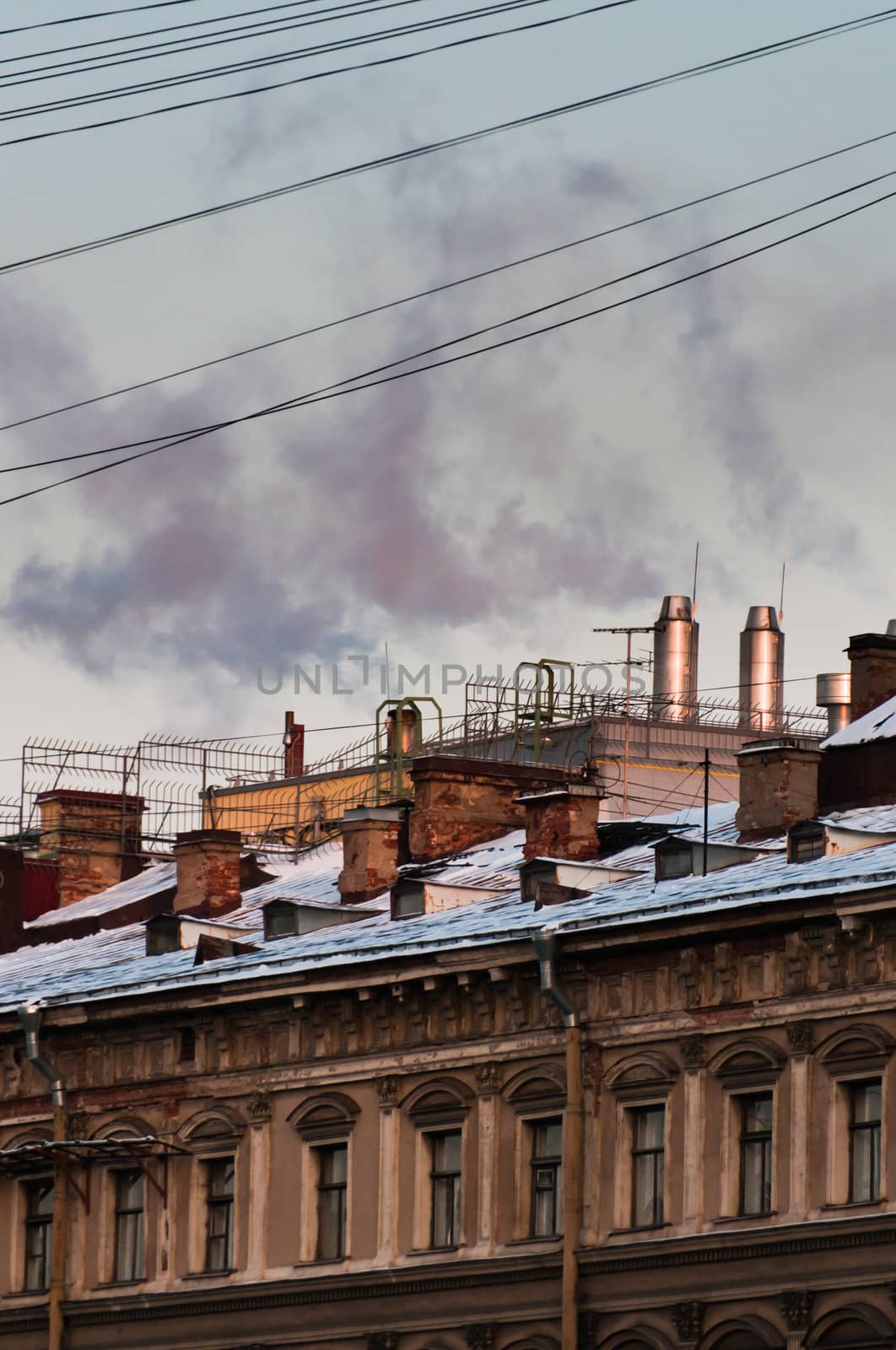 Vintage, brown house with chimneys, steam punk style