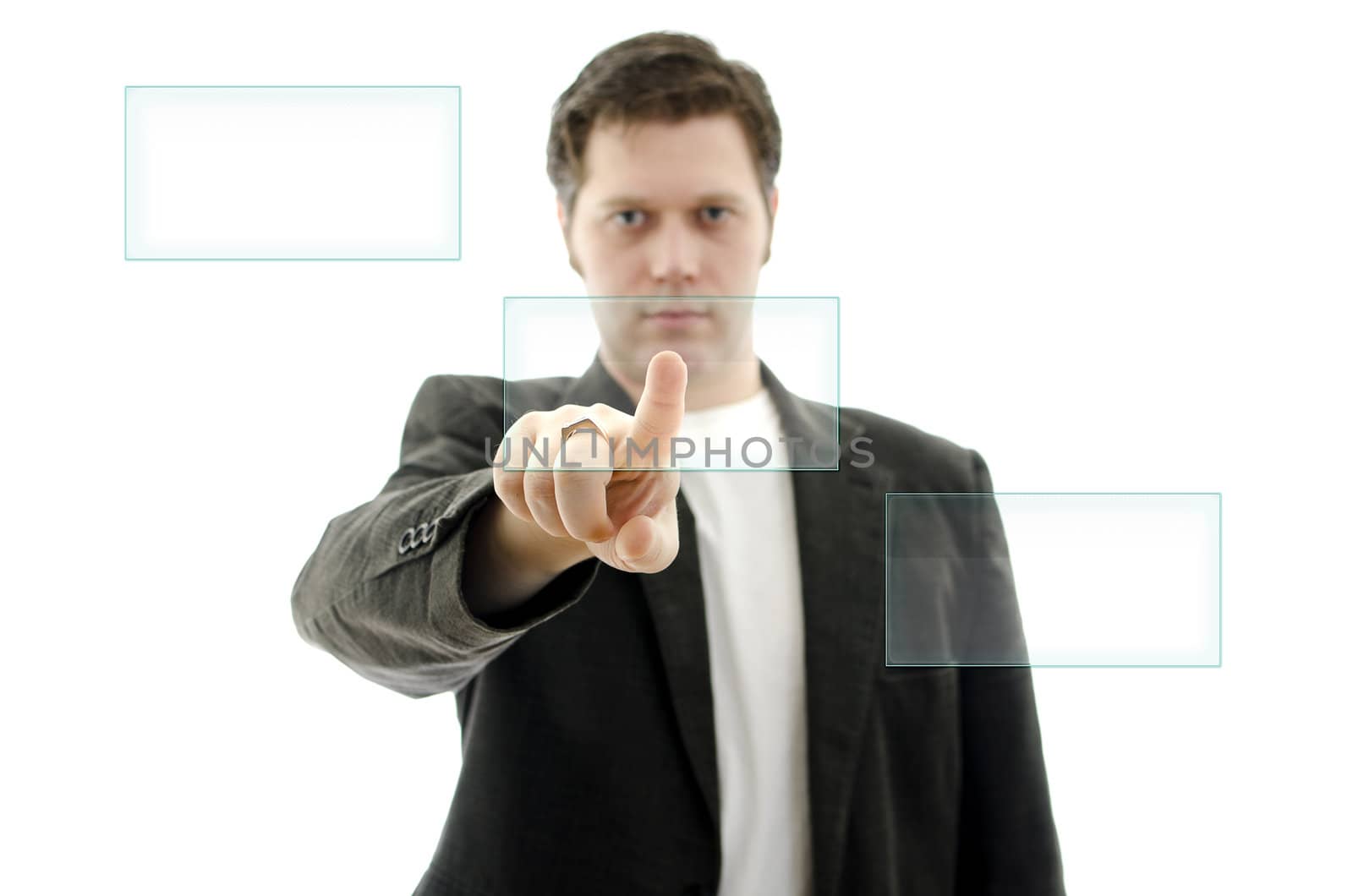 Business man pushing an ampty button on a touch screen interface. Place for your text. Isolated on white.