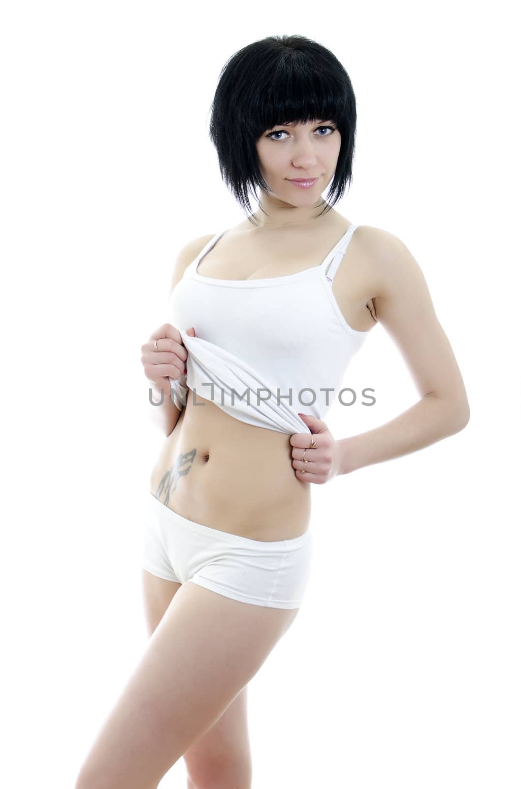 Fitness woman portrait. Isolated on white background.