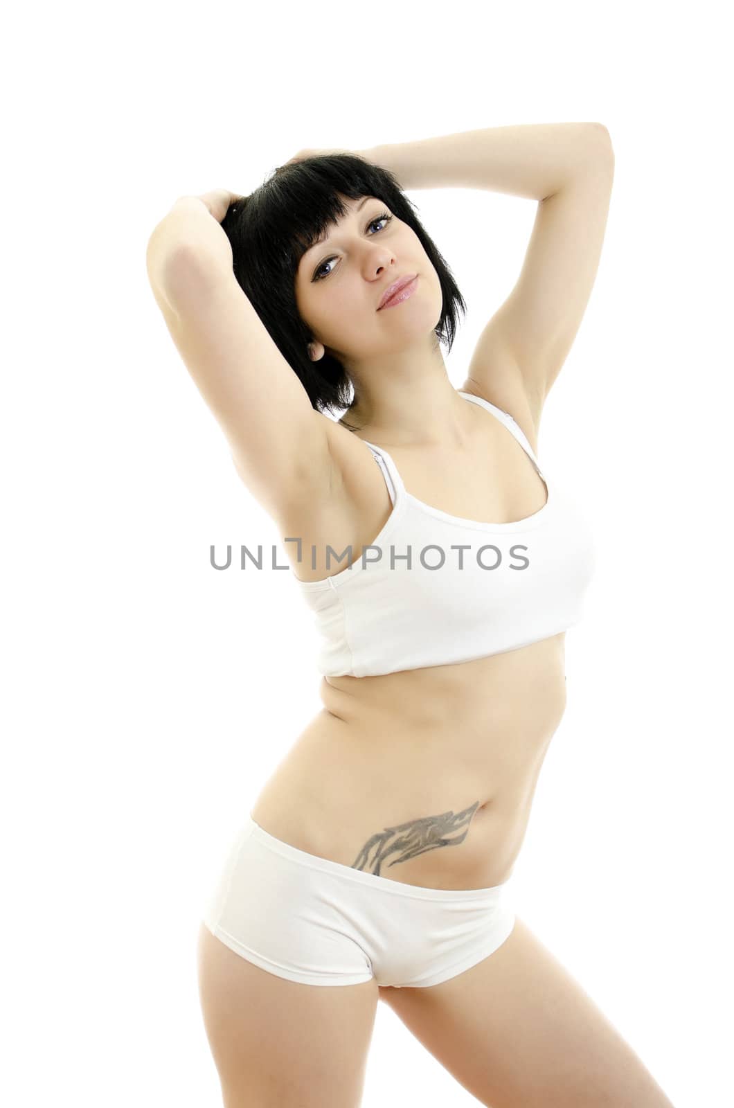 Fitness woman portrait. Isolated on white background.