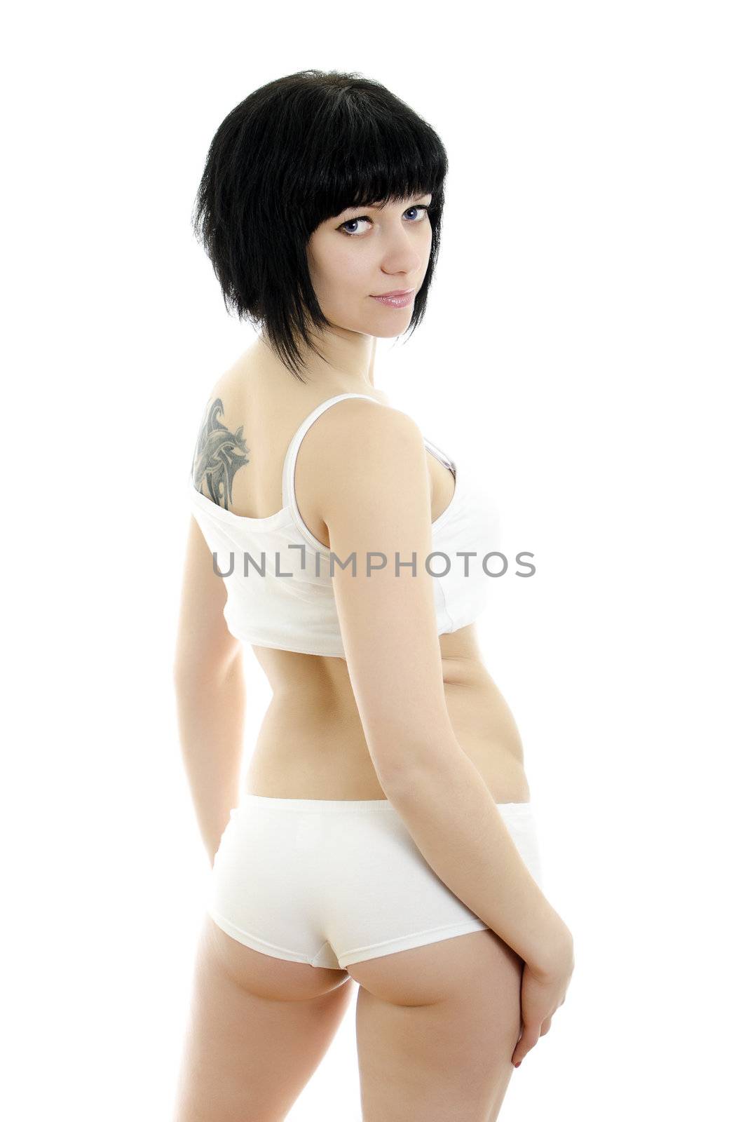 Fitness woman portrait. Isolated on white background.