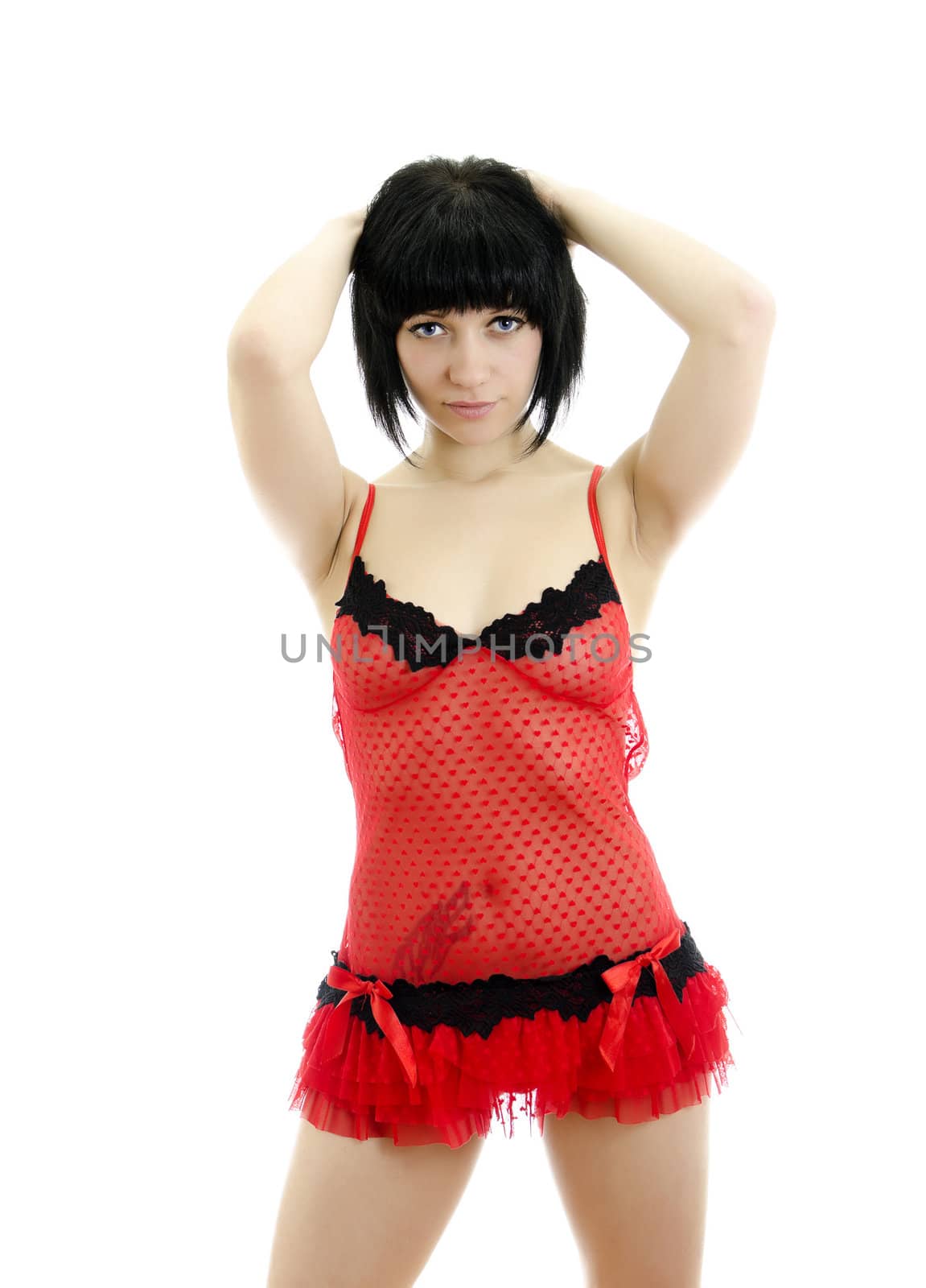 Brunette posing in red lingerie. isolated on white background.