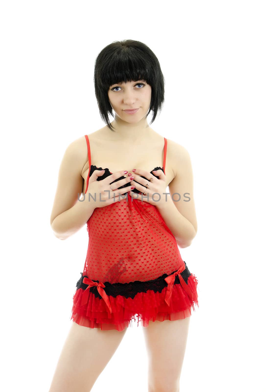 Brunette posing in red lingerie. isolated on white background.