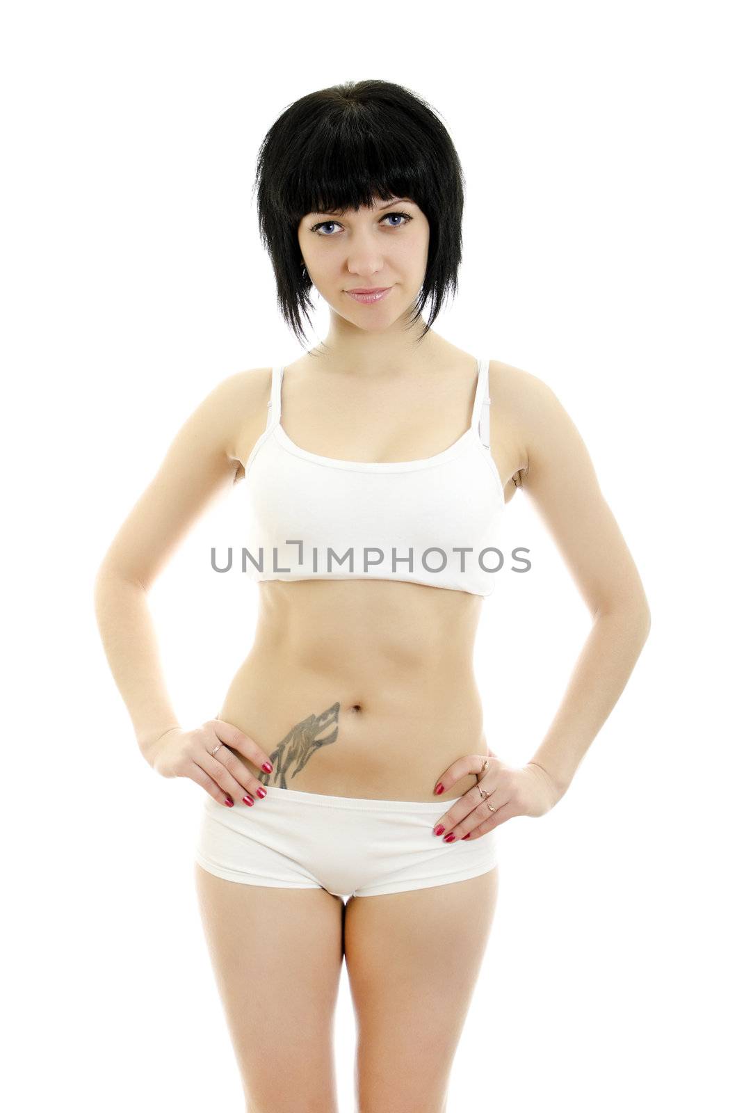 Fitness woman portrait. Isolated on white background.