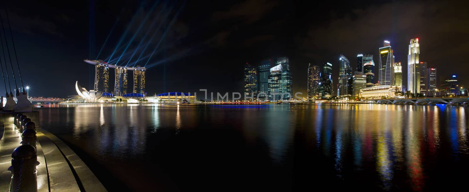 Singapore City Skyline by the Esplanade at Night Panorama