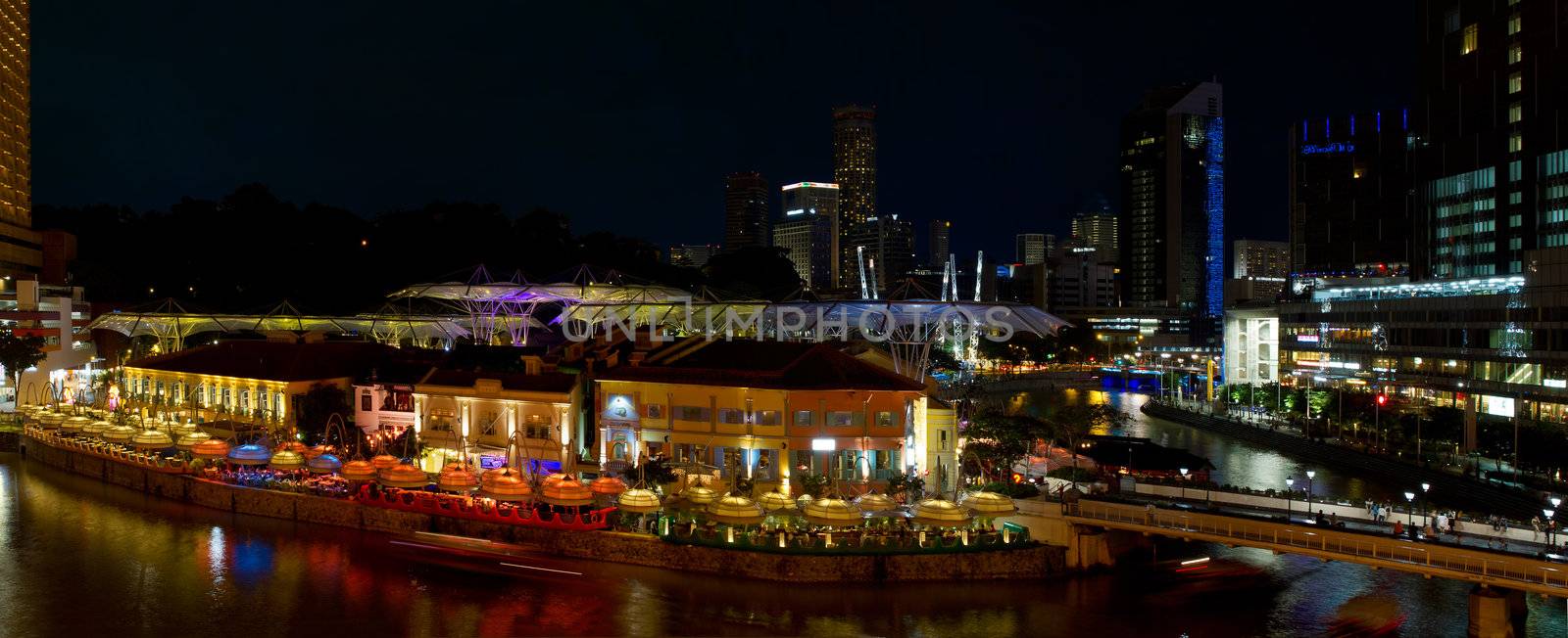 Clarke Quay Along Singapore River in Central Business District Night Scene Panorama