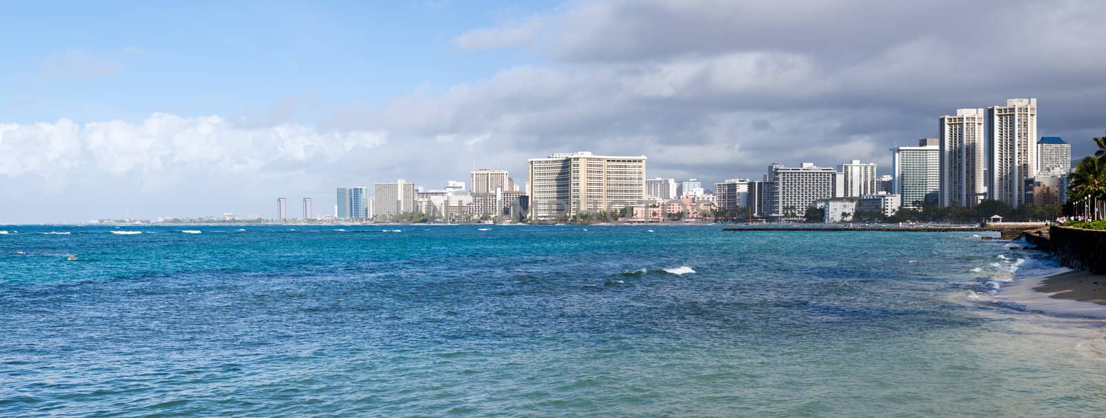 Panorama at sea level of the front at Waikiki in Oahu in Hawaii