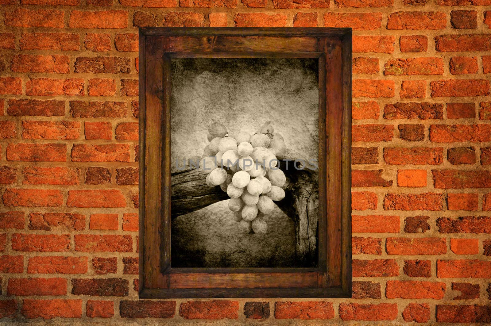 Grapes in an old wooden frame hanging on a brick wall