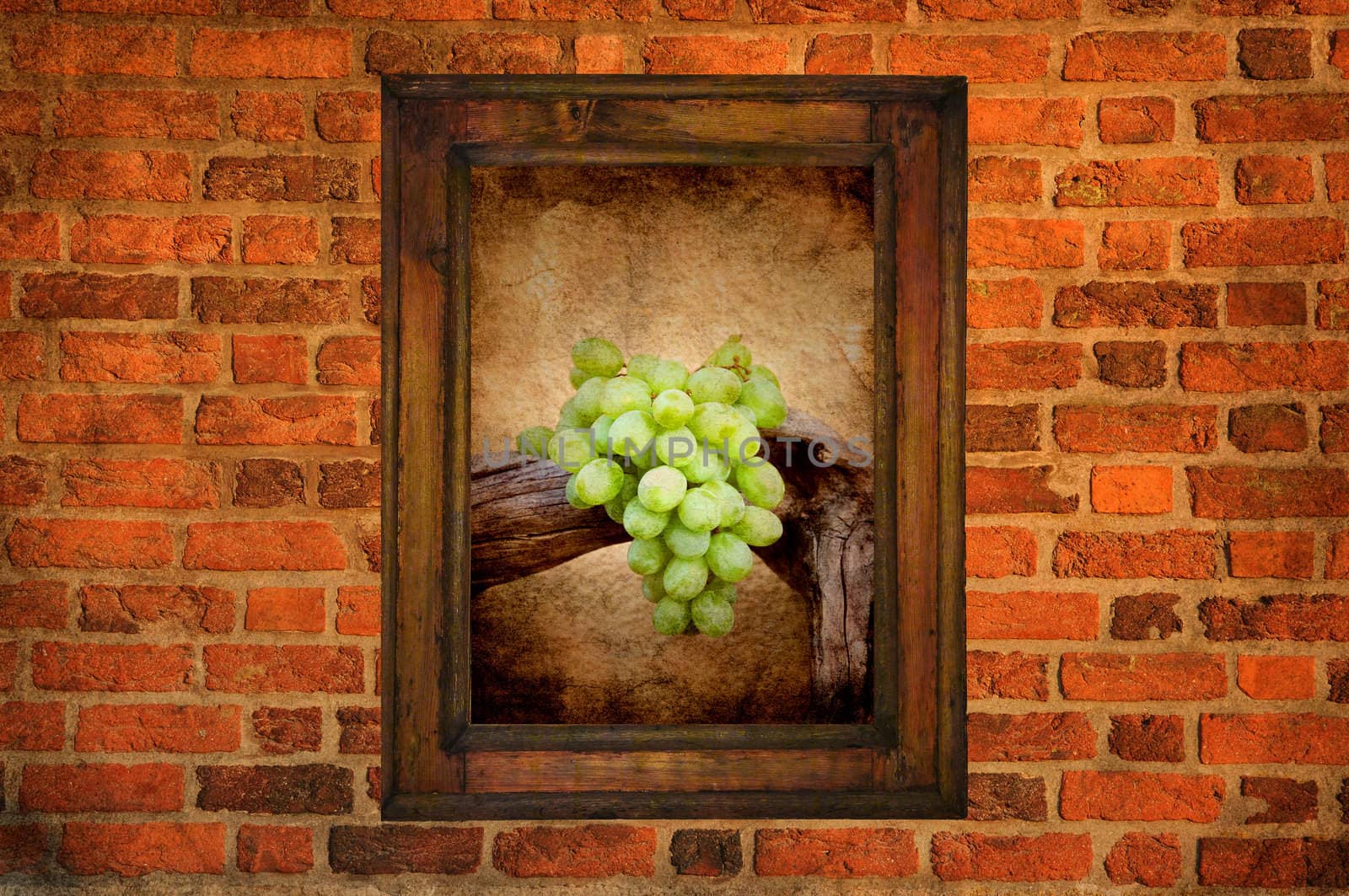 Green grapes in an old wooden frame hanging on a brick wall