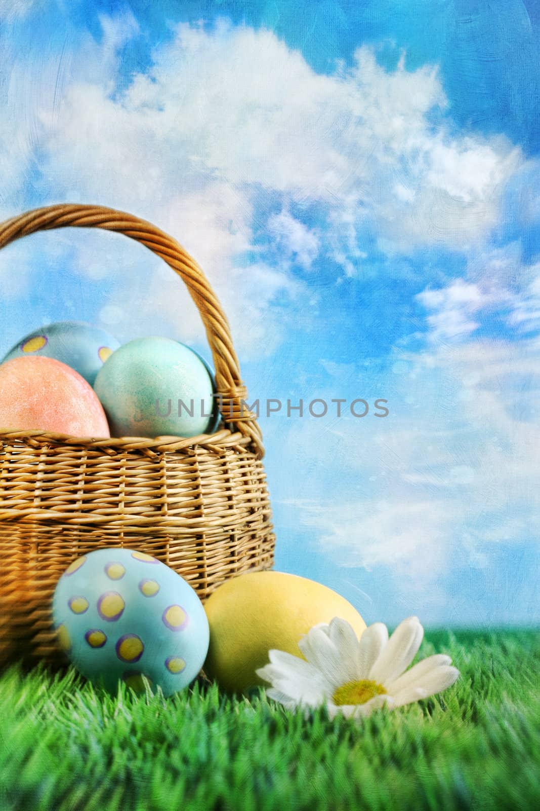 Wicker basket of easter eggs with a painterly effect
