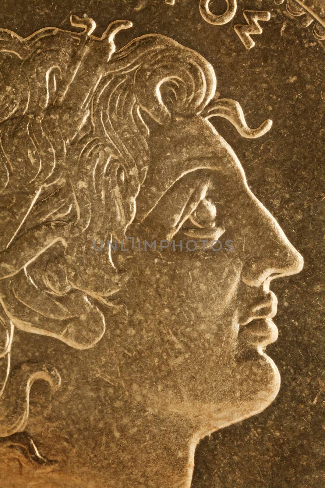 Alexander the Great profile portrait, Greek king of Macedon  - magnified detail from old scratched coin