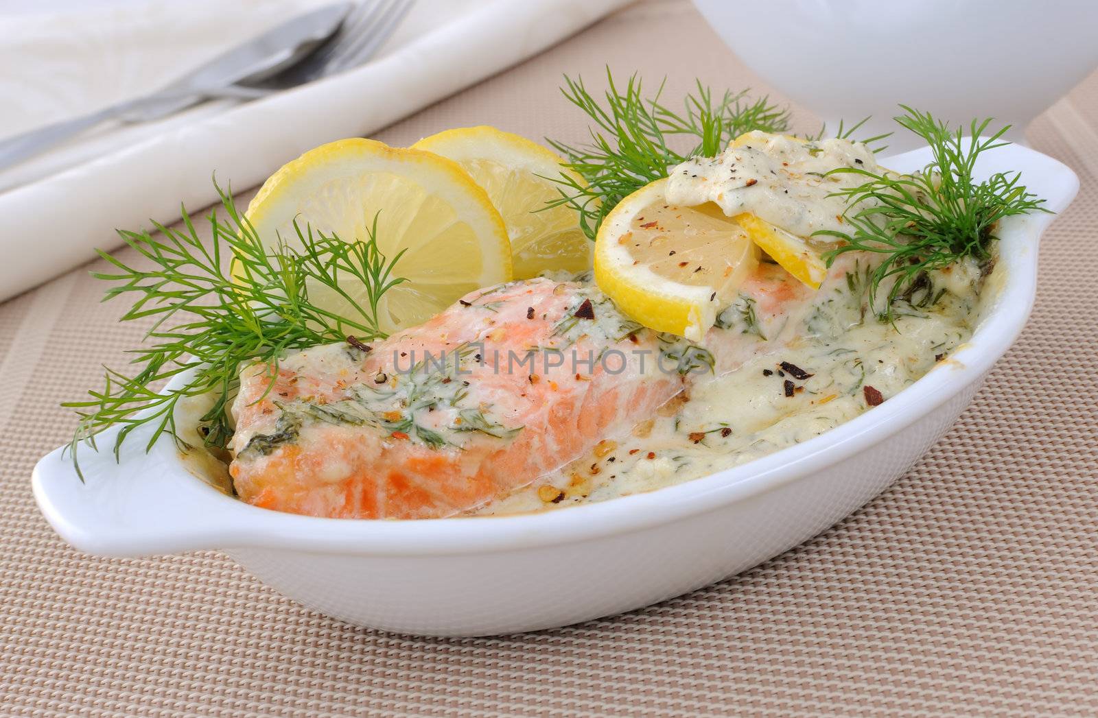 Salmon under gentle creamy lemon sauce with spices