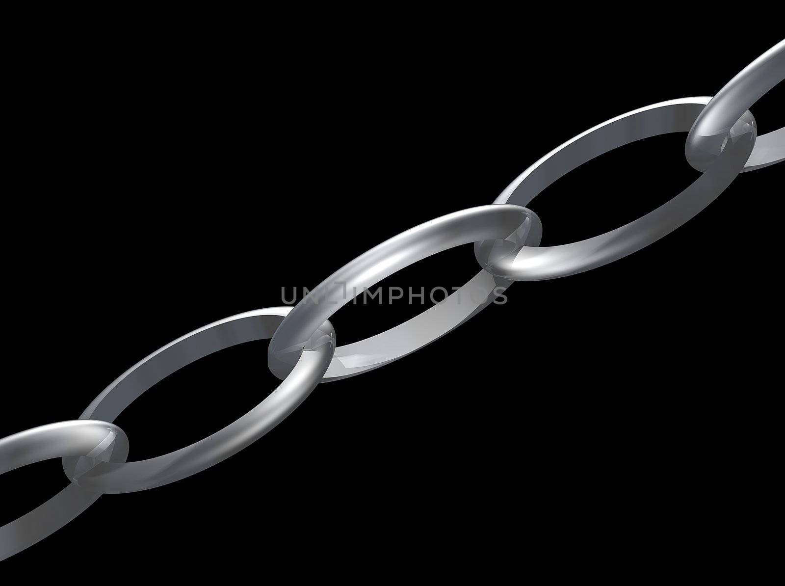 A length of steel chain over a black background
