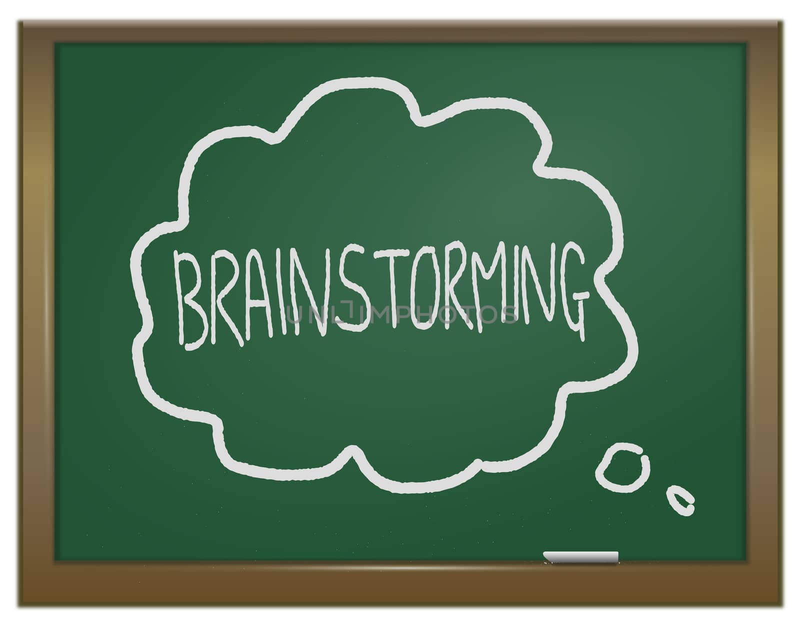 Illustration depicting a green chalk board with the word 'brainstorming' arranged around a thought bubble written in white chalk.