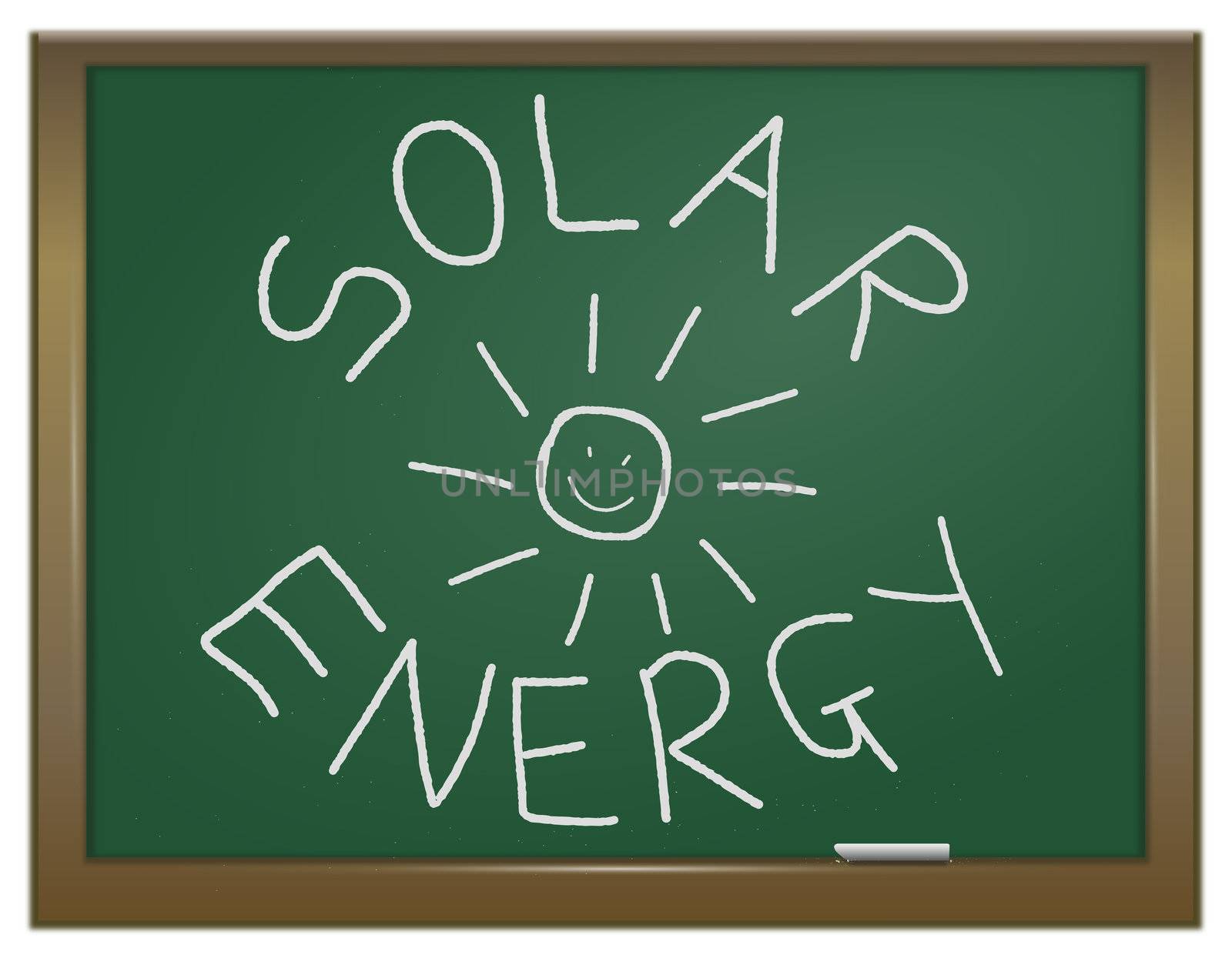 Illustration depicting a green chalk board with the words 'solar energy' arranged around a sun written in white chalk.