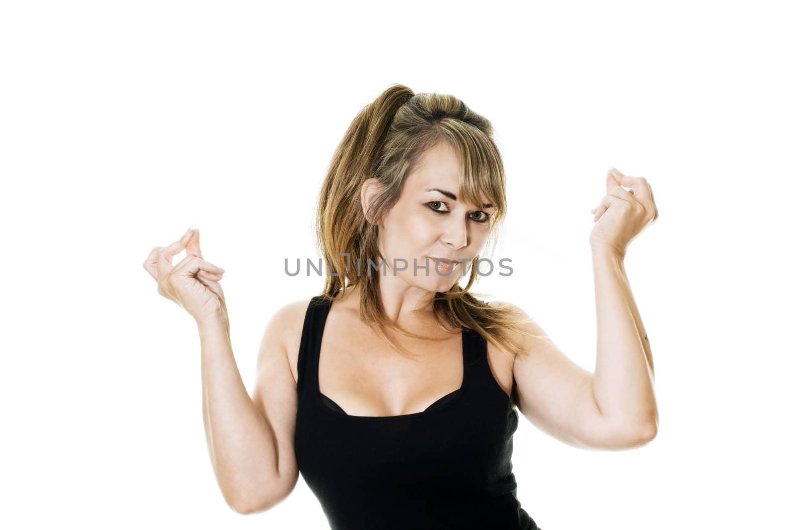 studio photo of a woman clicking her fingers isolated on white