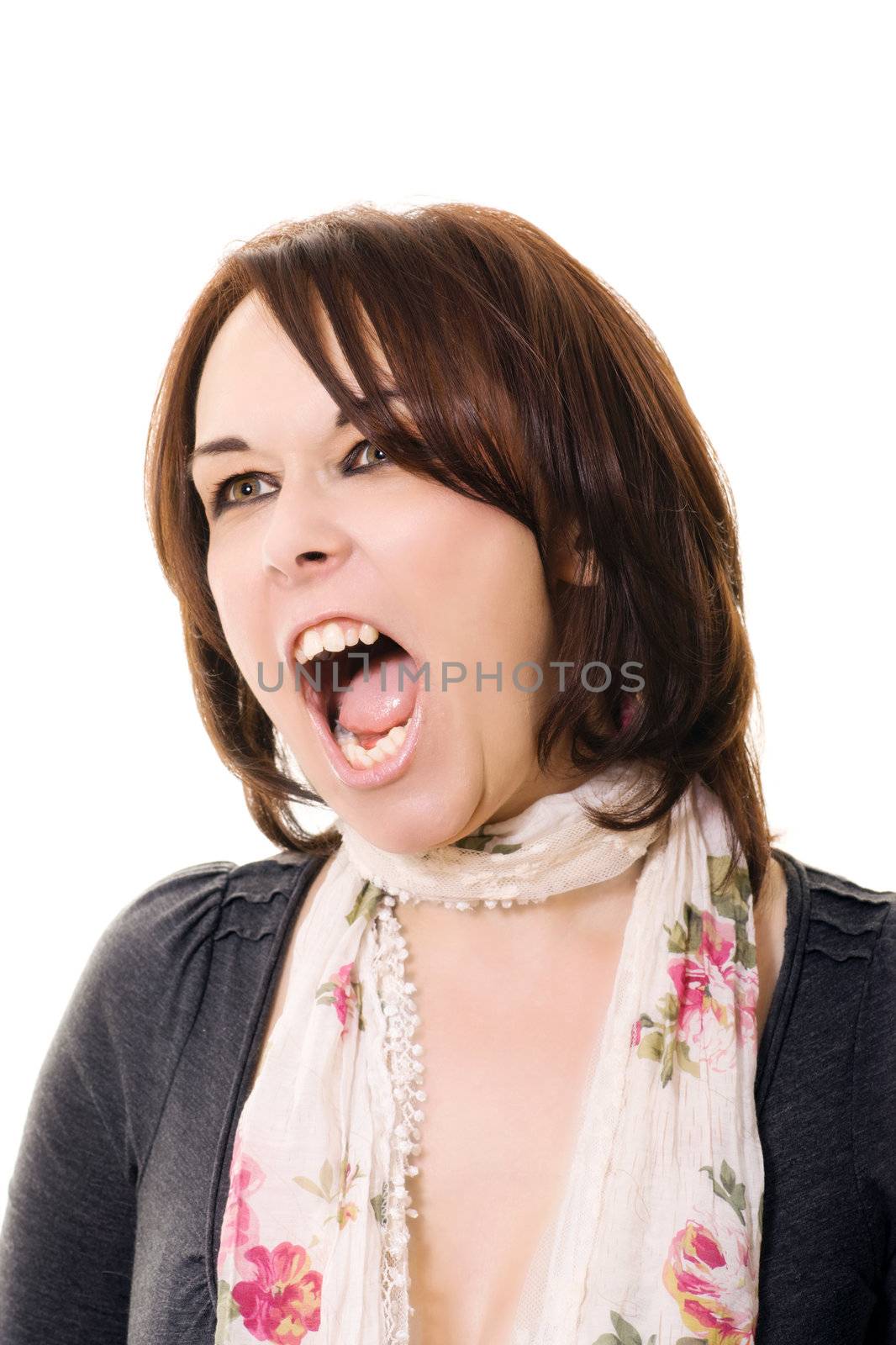 photo of a woman shouting isolated on white