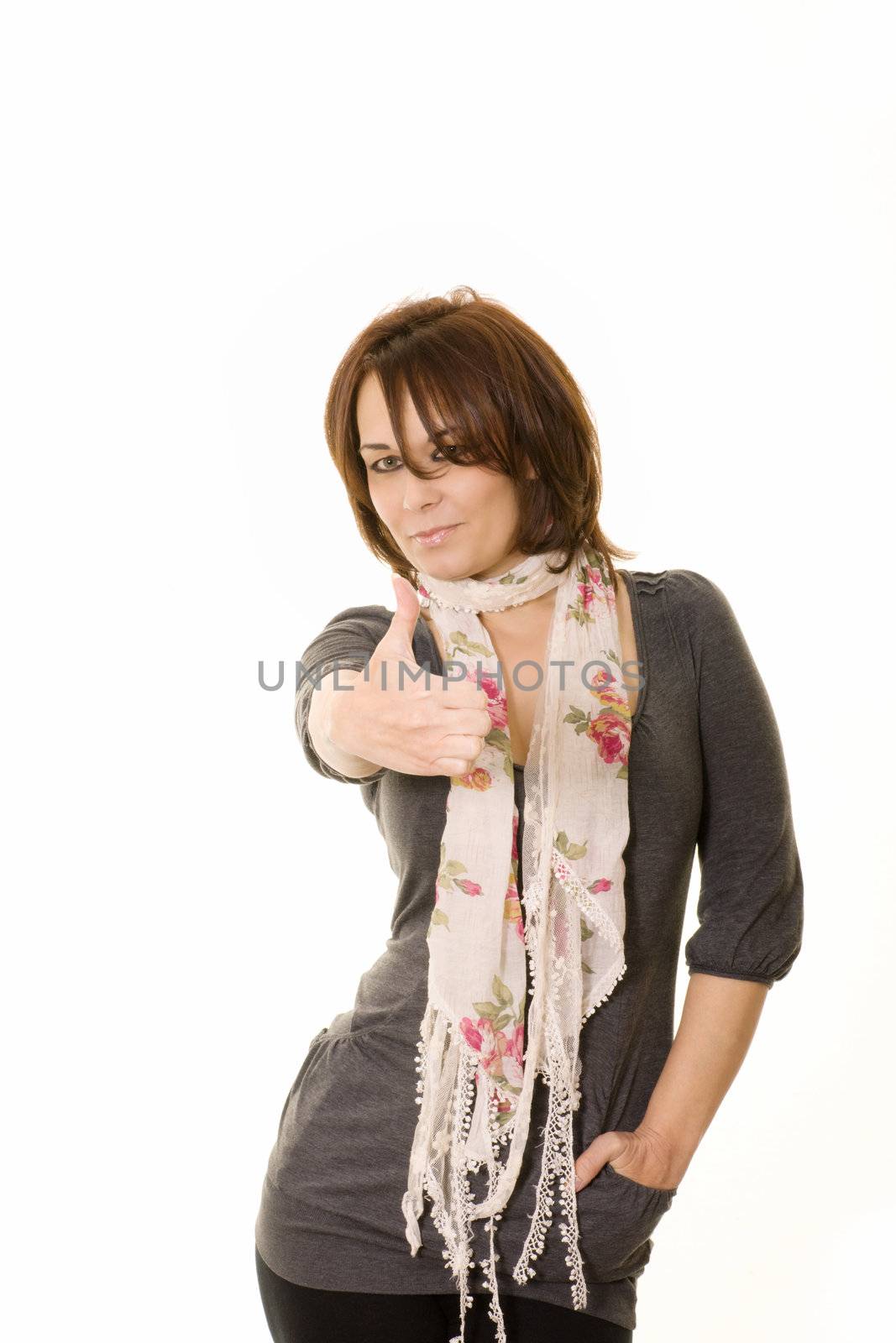 photo of a woman making a thumbs up gesture isolated on white