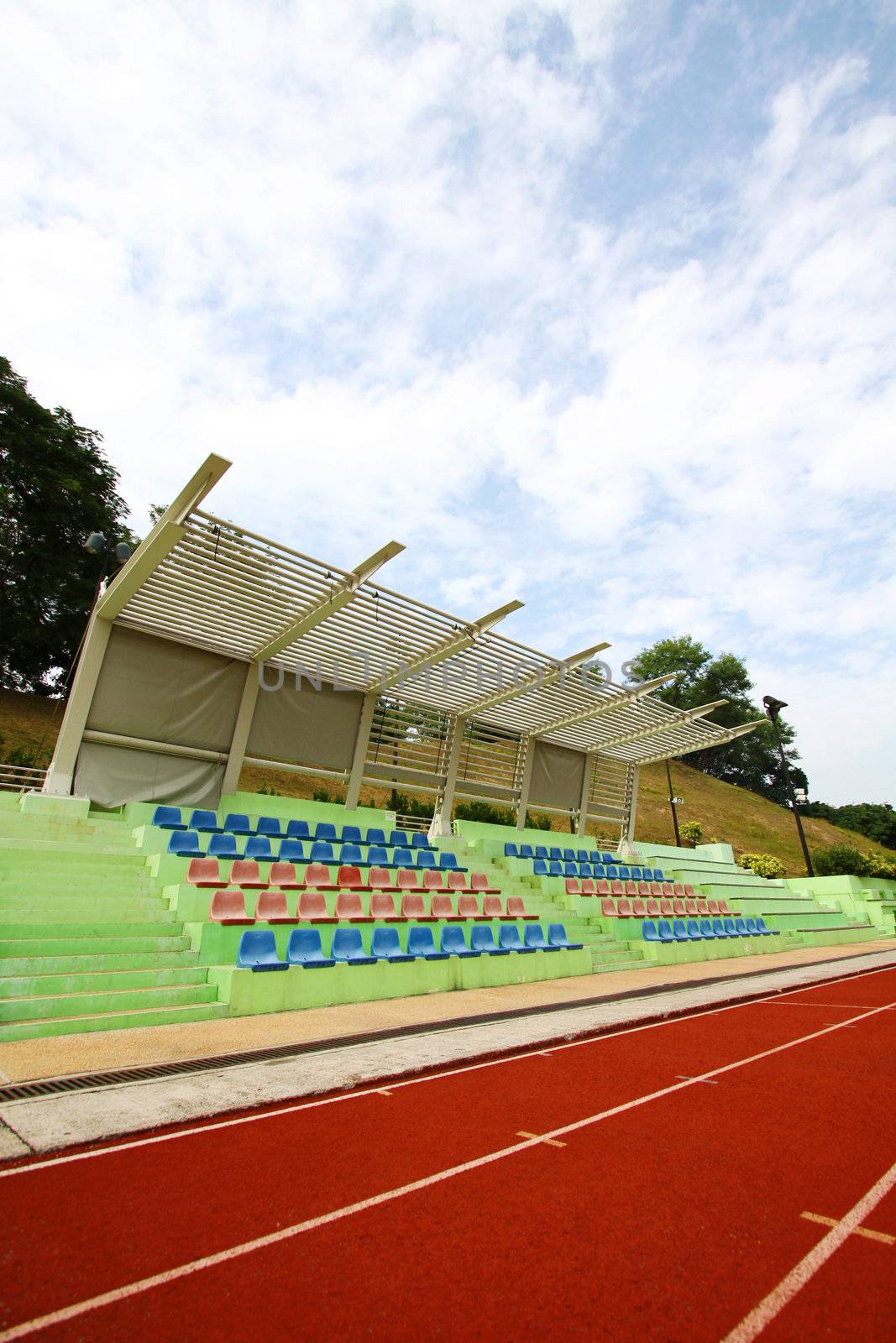 Stadium chairs and running track