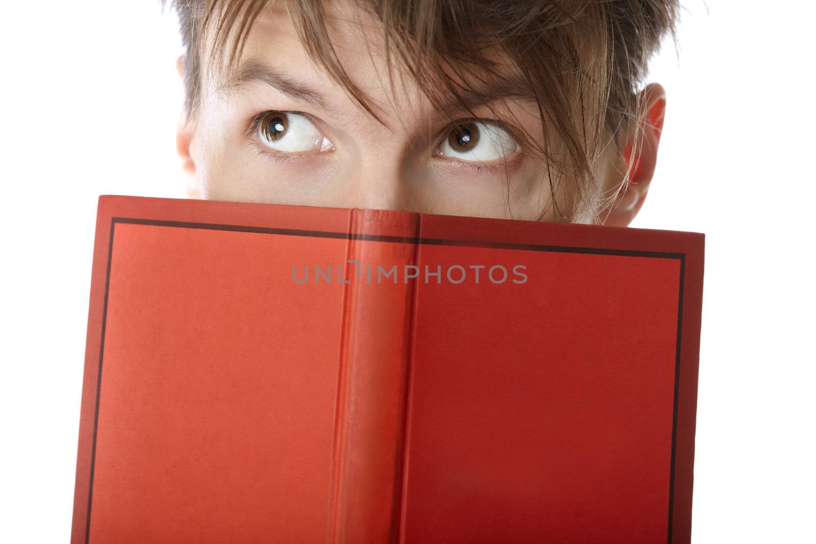 Young man holding red book on a white background