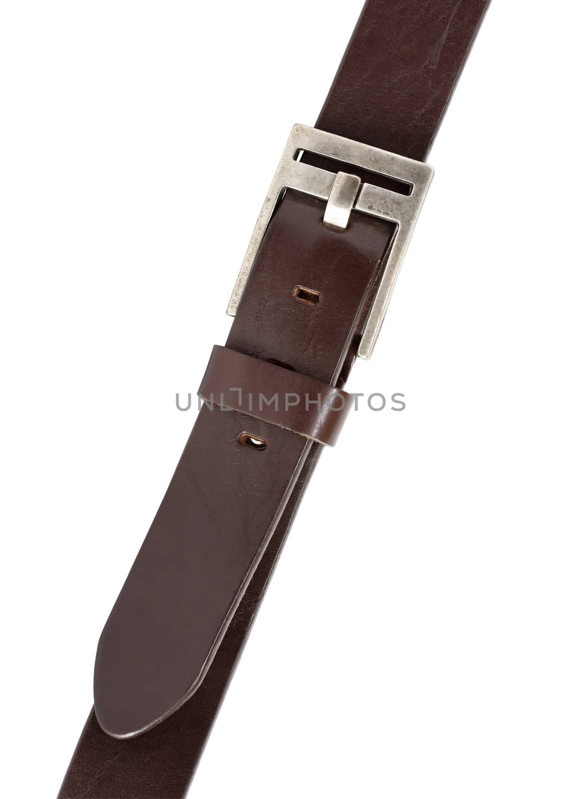 Closeup of brown leather belt with buckle isolated on white background. Clipping path is included