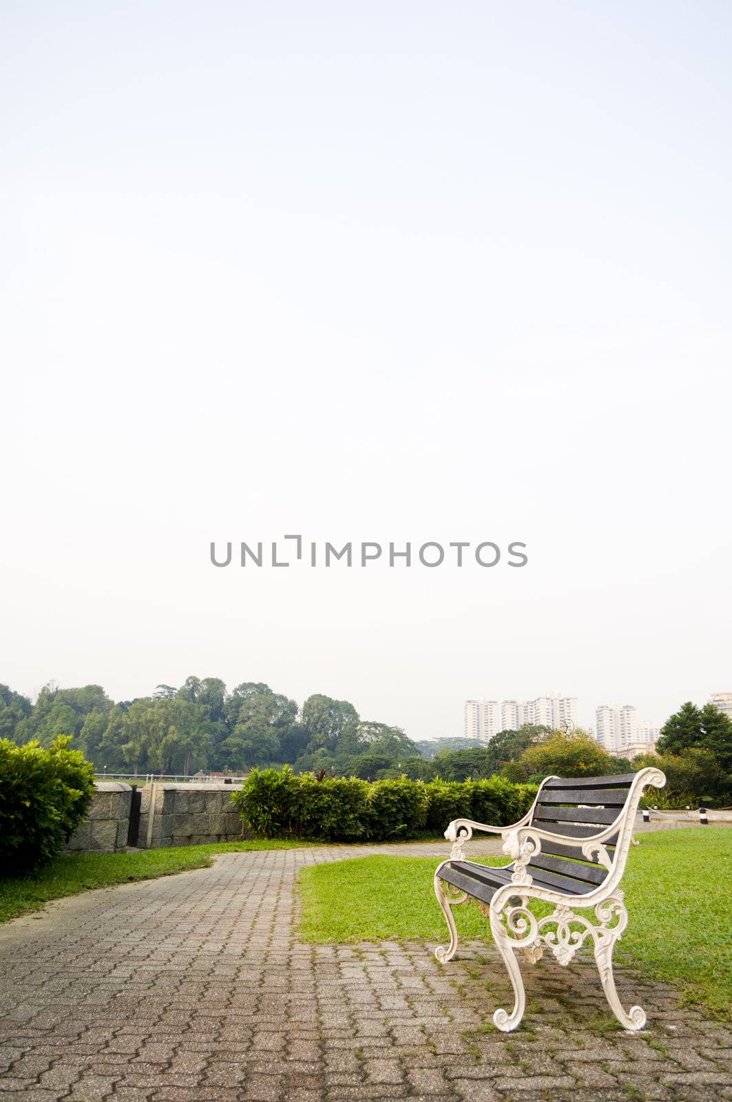 Empty bench in a park, to convey a feeling of waiting or expecting for the future or time passing.
