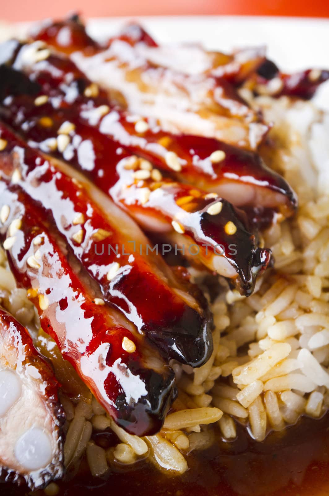 chinese style barbecue pork ribs with rice, popular in asian countries, picture taken in singapore.