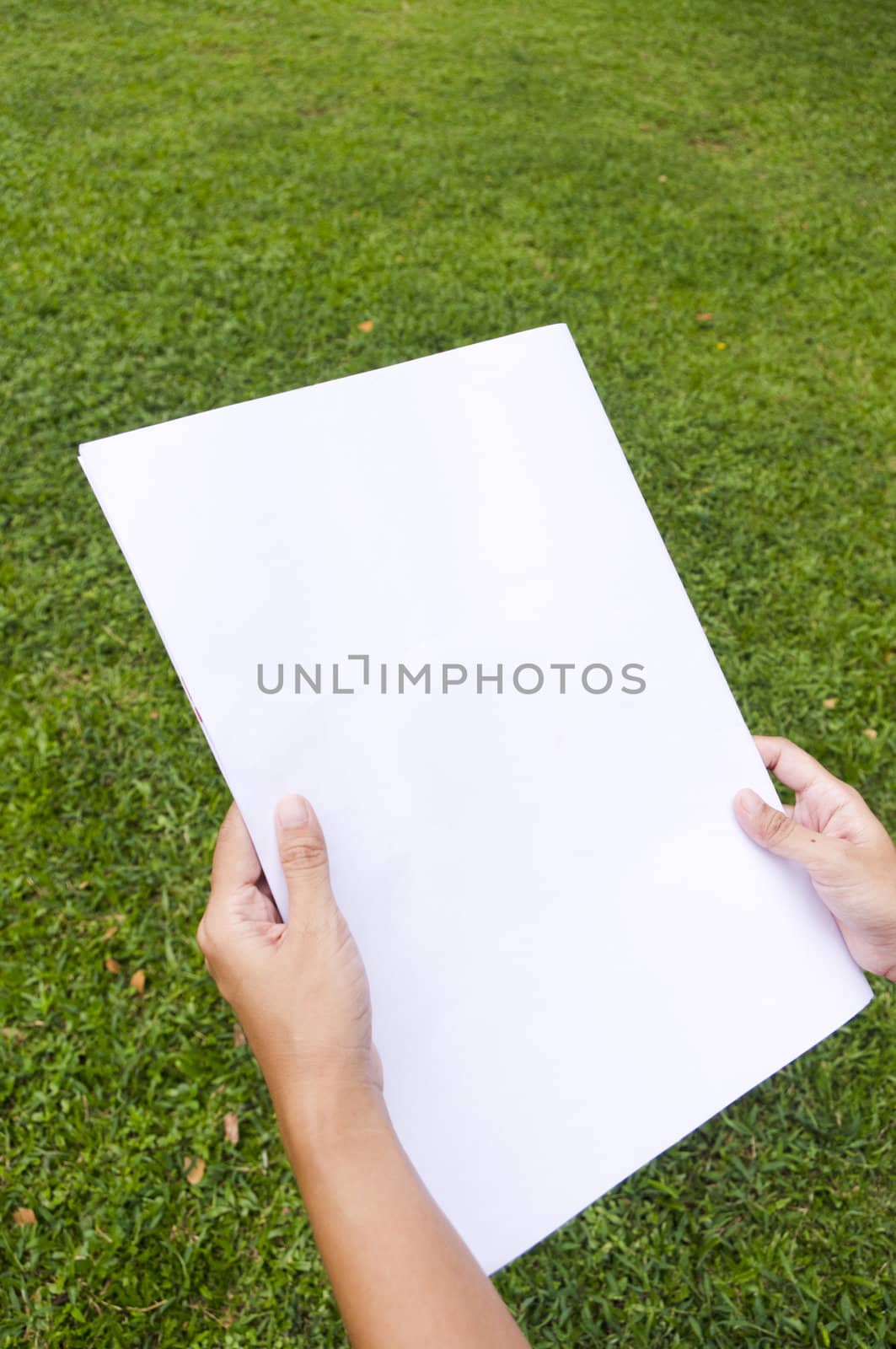 woman is holding a flyer page, reading. For advertising purpose.