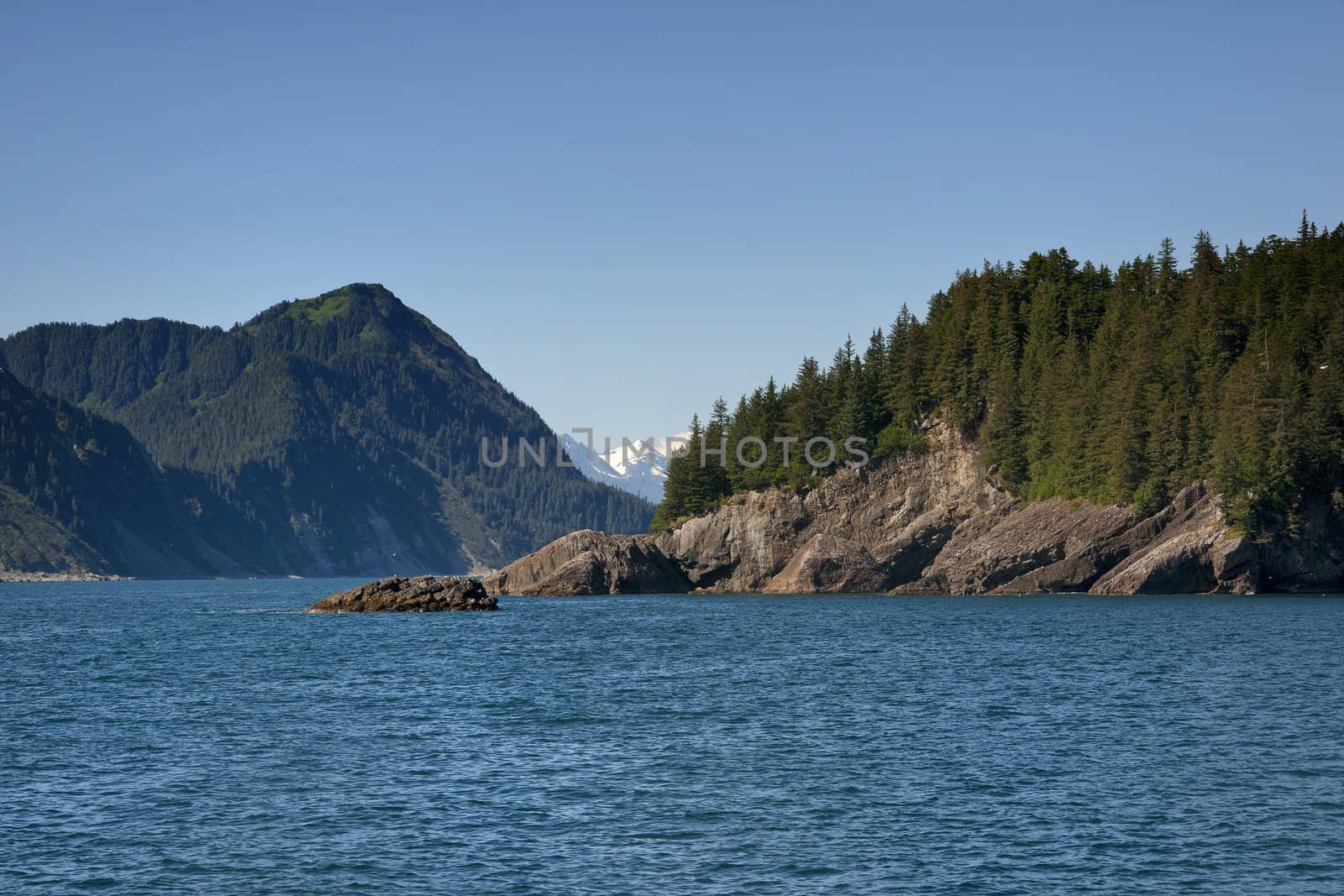 Blue summer skies over ocean waters and rocky cliffs covered in green vegetation.