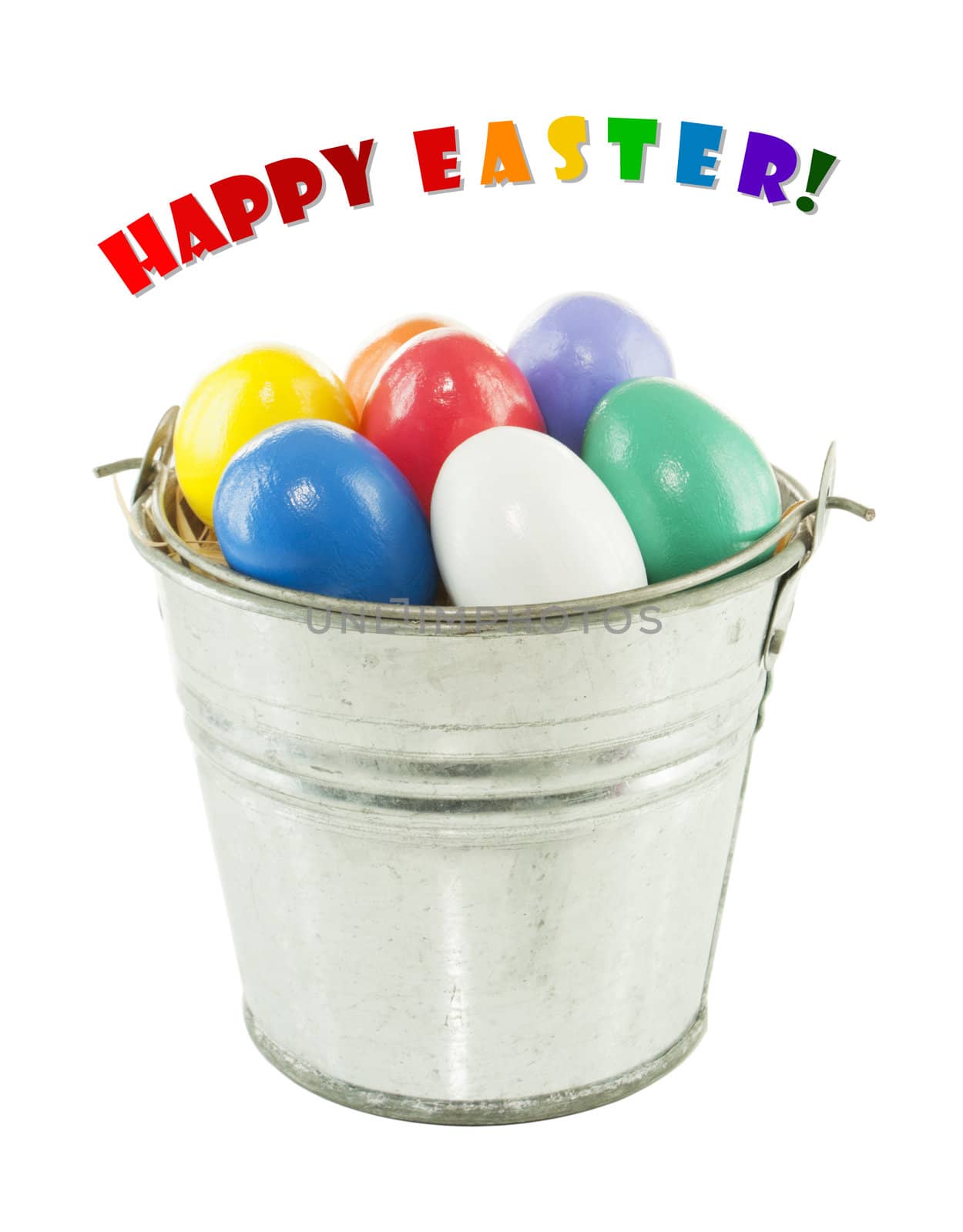 Colorful Easter eggs in a bucket isolated over white background