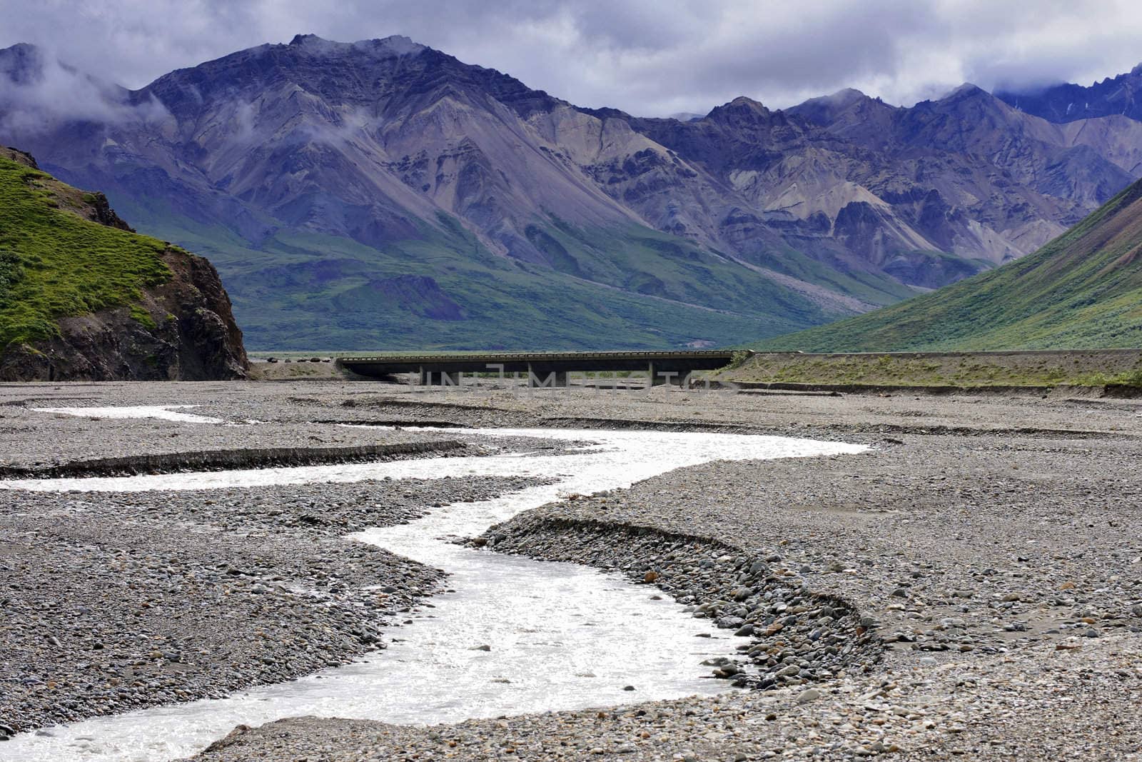 Big river reduced to small meander creek in the summer at Denali by Claudine