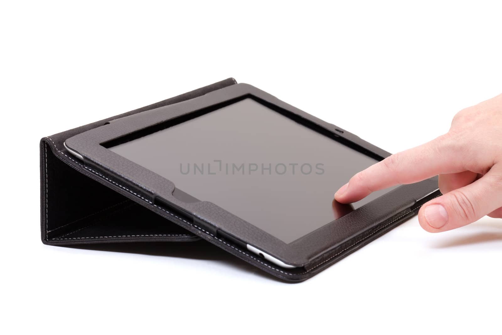 hands with touch pad on white background