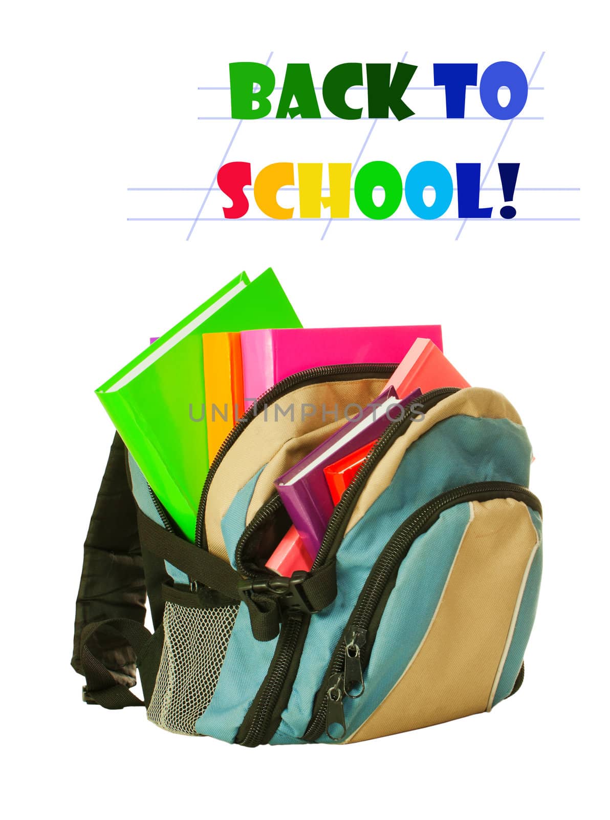 Backpack with colorful books isolated on white background