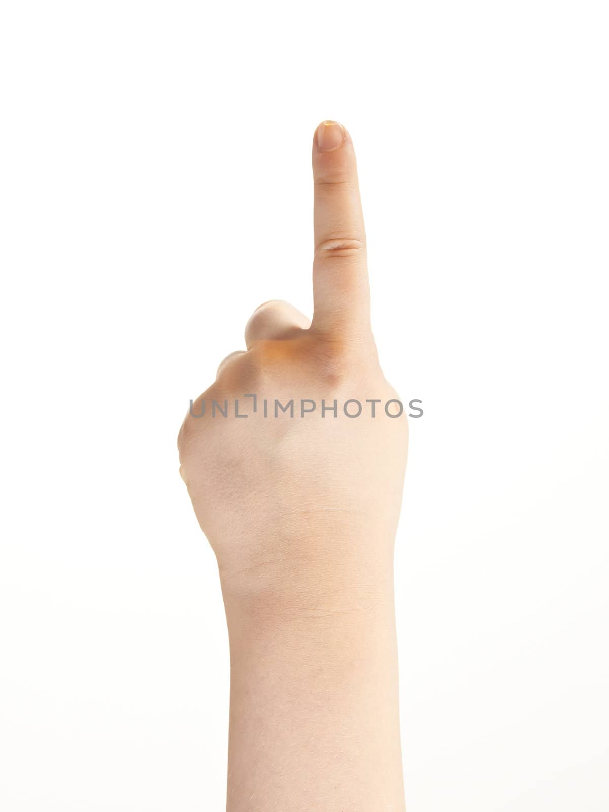 Childs index finger pointing - showing direction - on white background