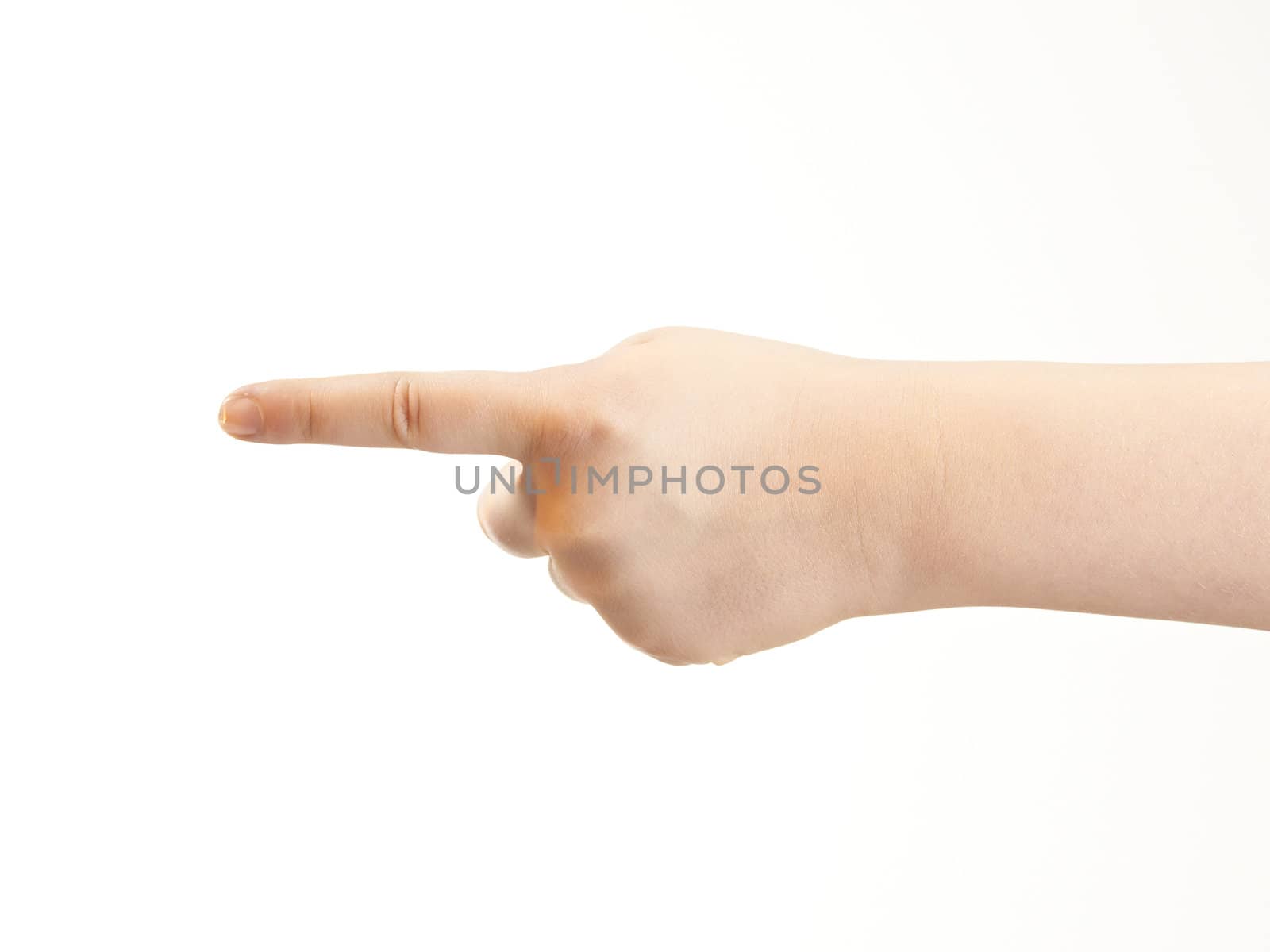 Childs index finger pointing - showing direction - on white background