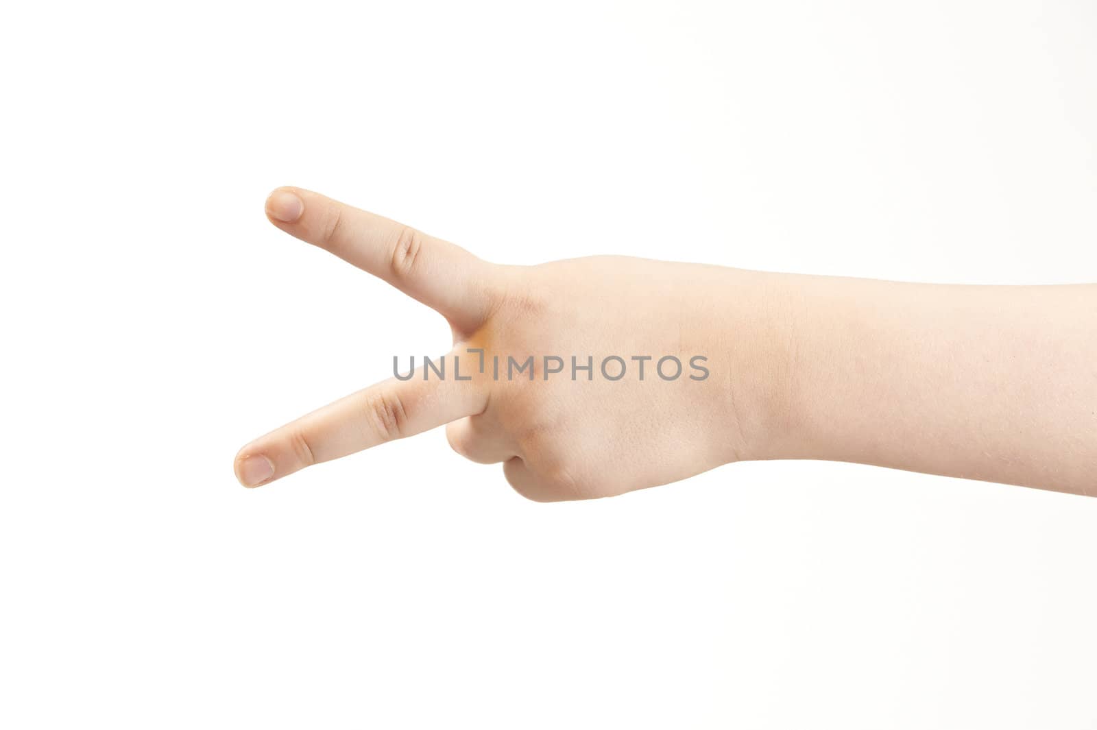 Victory sign shown by childs hand - on white background