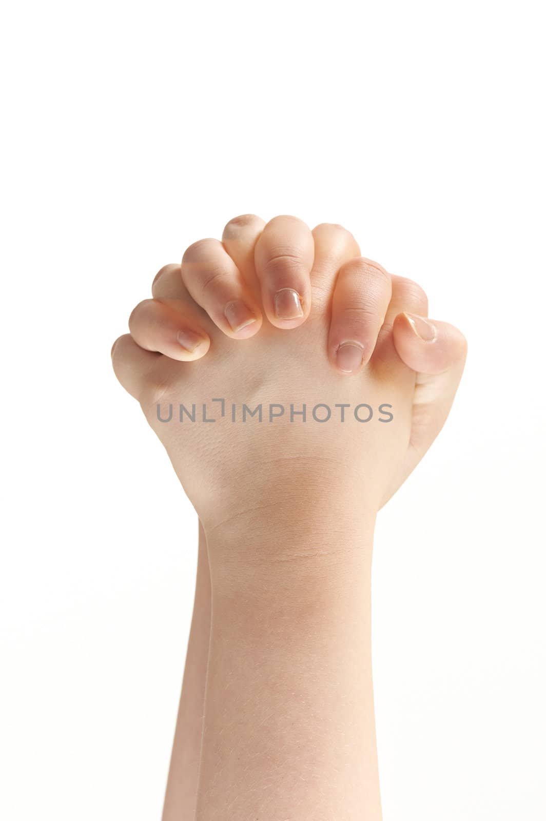Folded hands of child - on white background