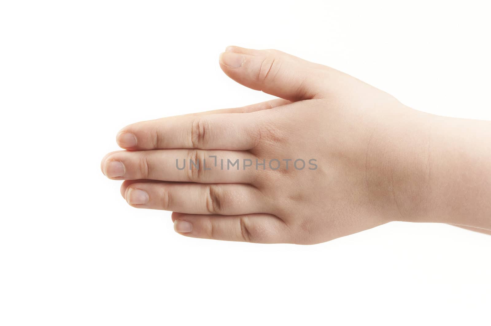 Back of childs hands - palms facing each other - on white background