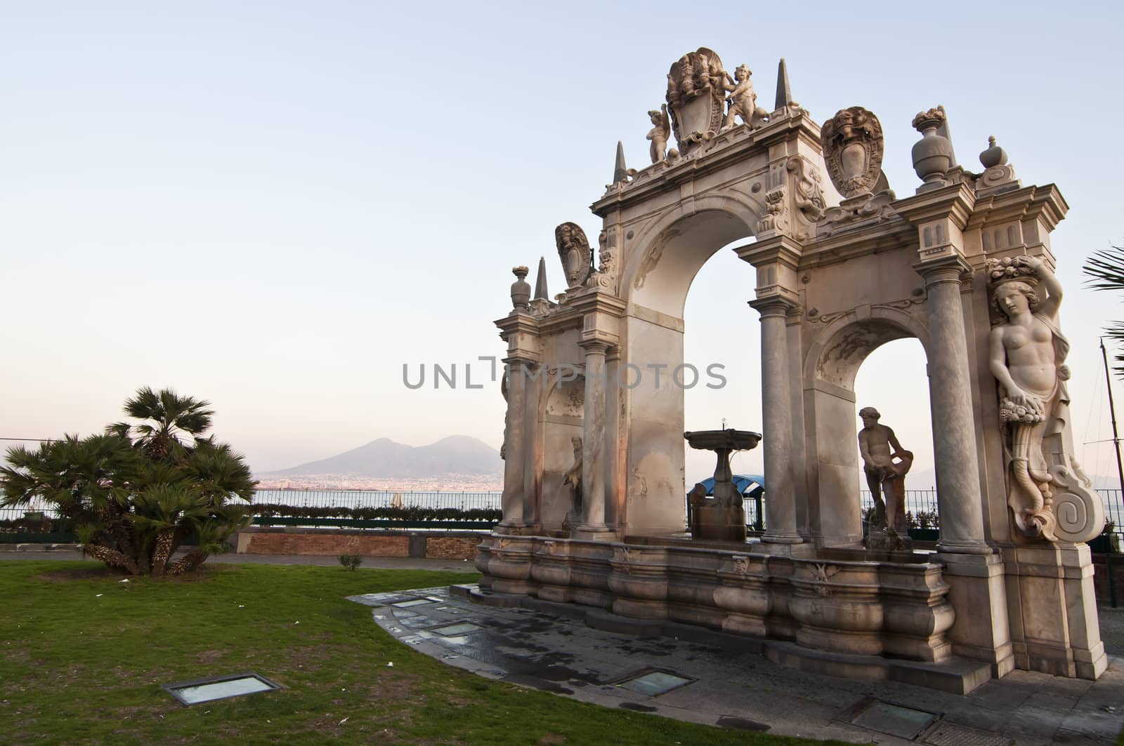 fontana del Gigante with Vesuvius on the background, Naples, Italy