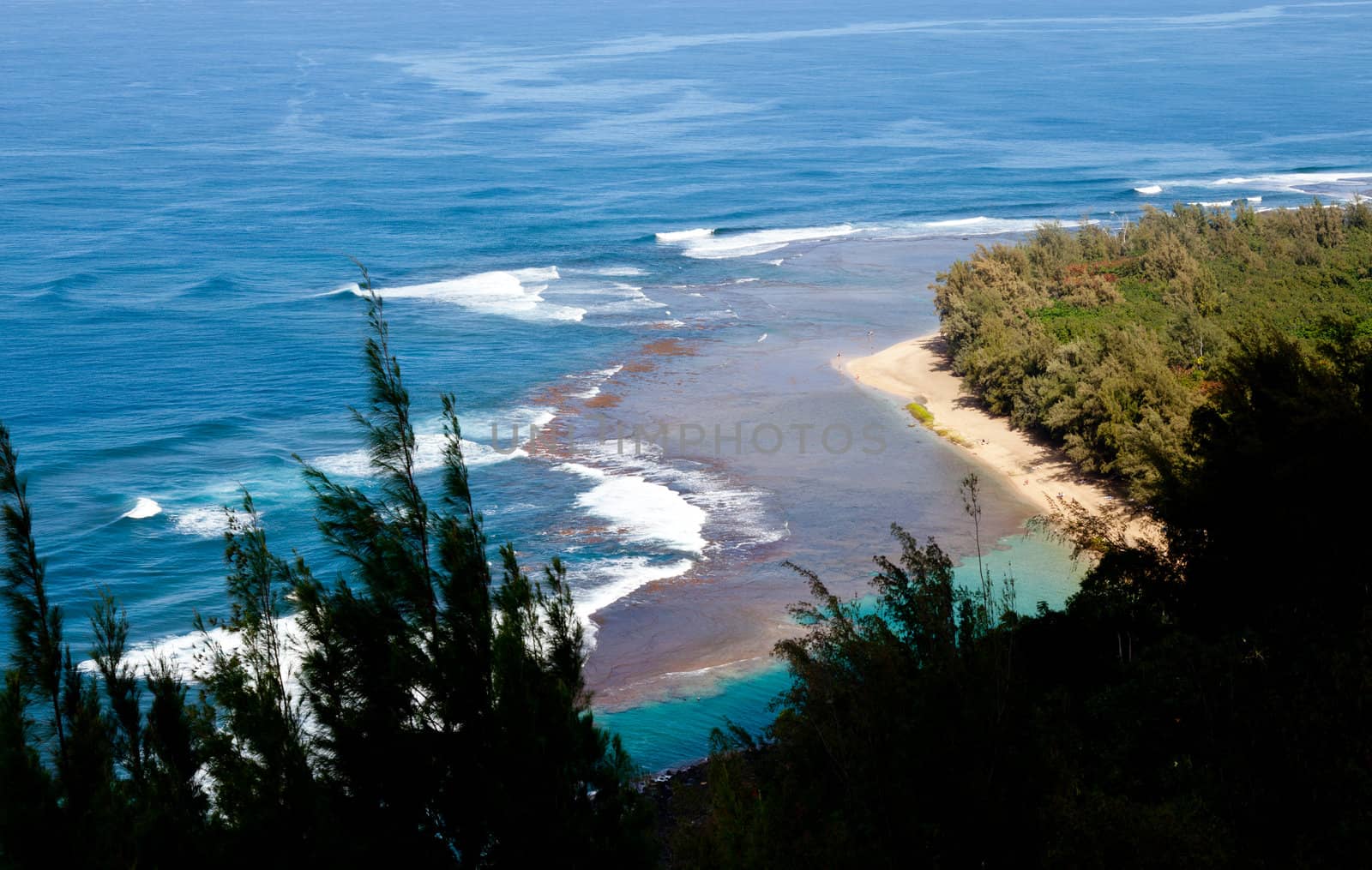 Horizontal image of Kee beach from Kalalau trail on Na Pali coast of Kauai