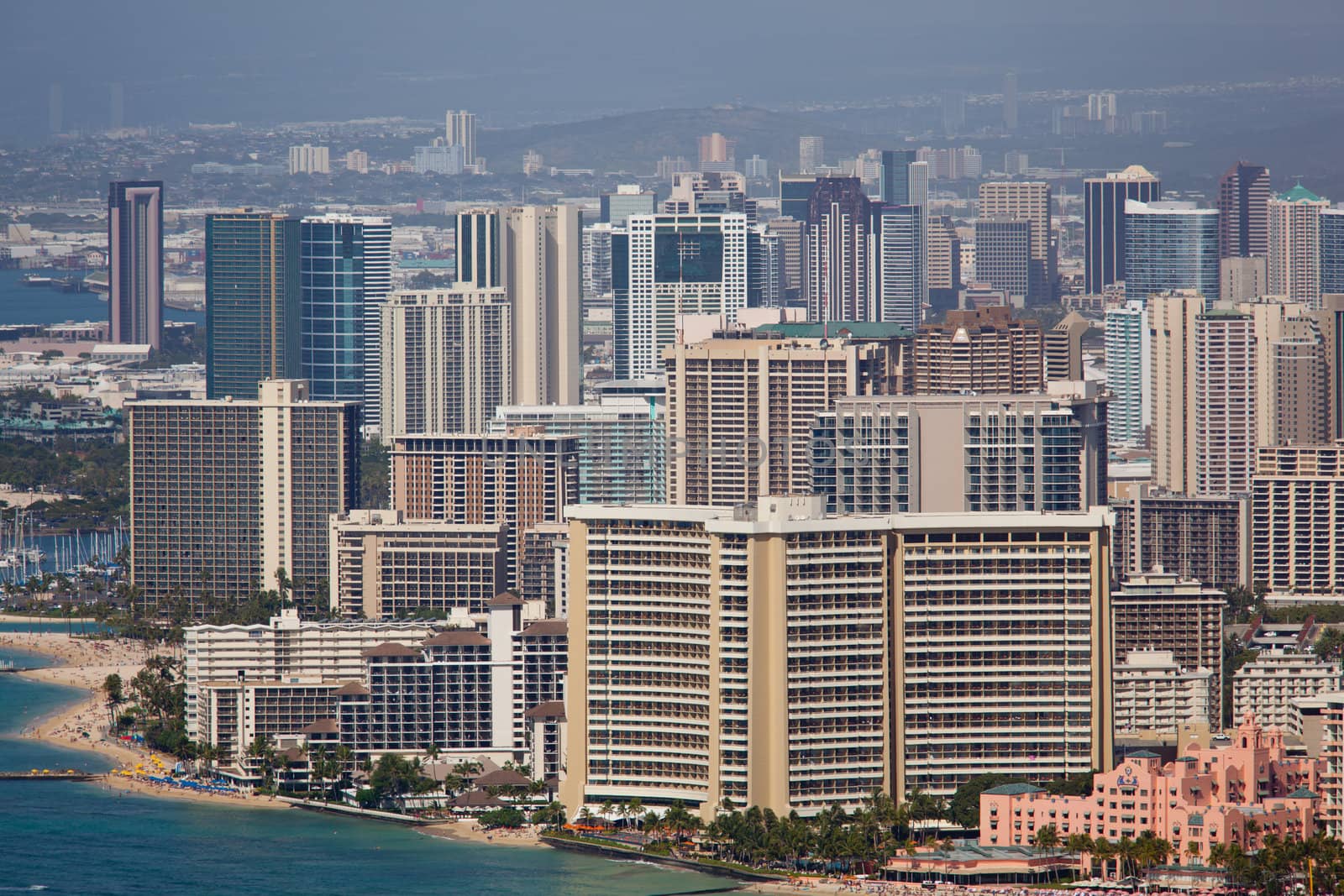Tower blocks of Waikiki in Oahu Hawaii from the summit of Diamond Head crater