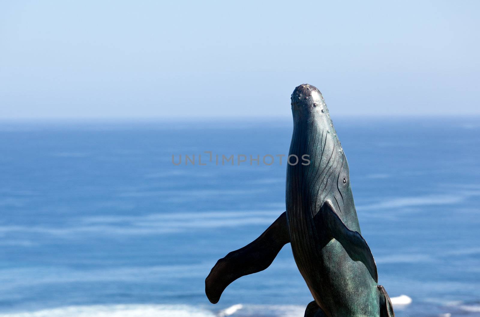 Bronze statue of whale breaching from  sea with ocean in the background