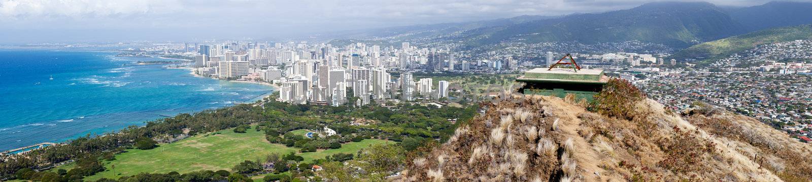 Panorama of Waikiki in Oahu Hawaii from the summit of Diamond Head crater