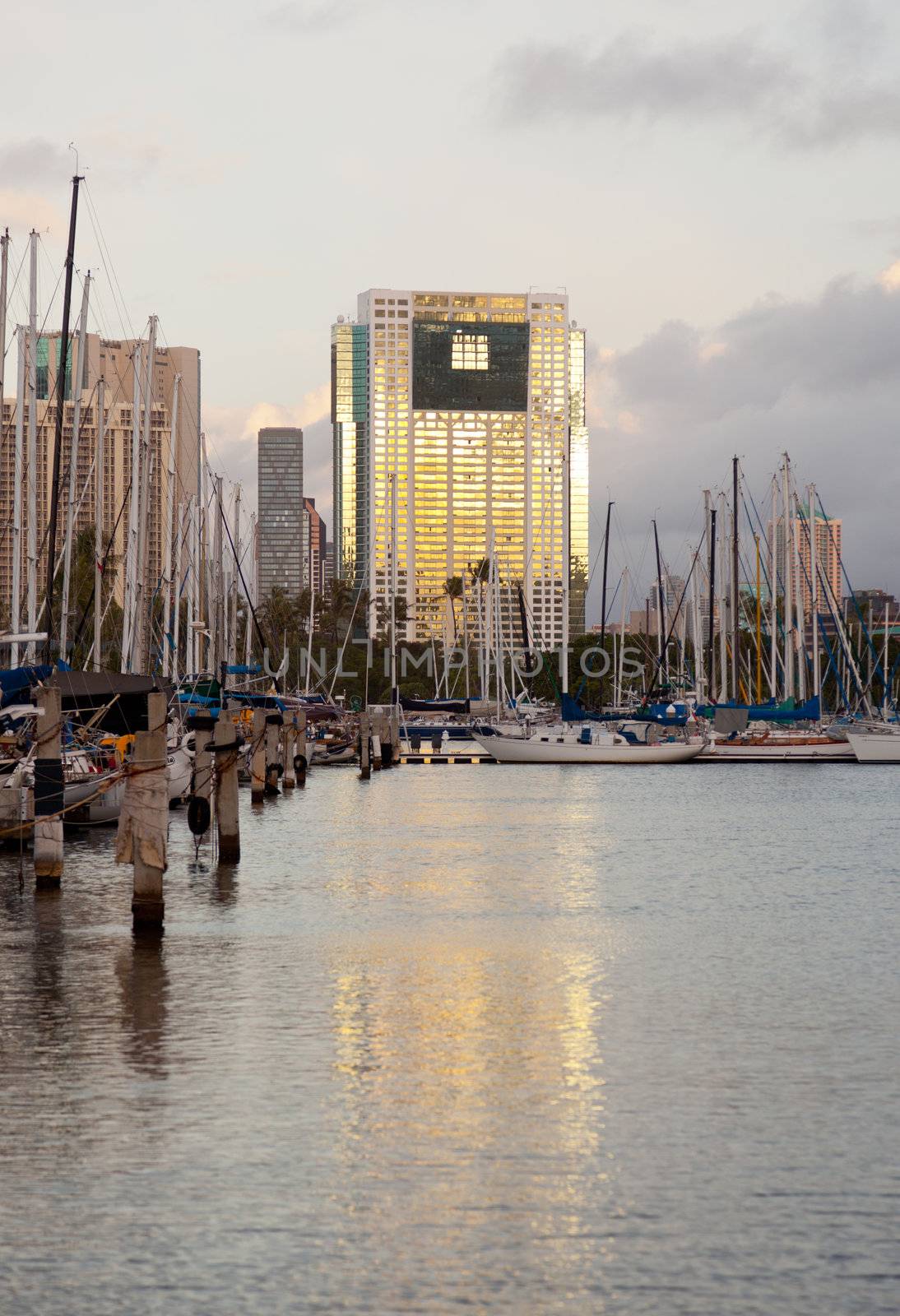 HONOLULU, HI - JANUARY 15: Reflections from downtown Honolulu and Hawaiki Tower on January 15, 2012. Hawaiki Tower has 46 stories and rises 400 feet.