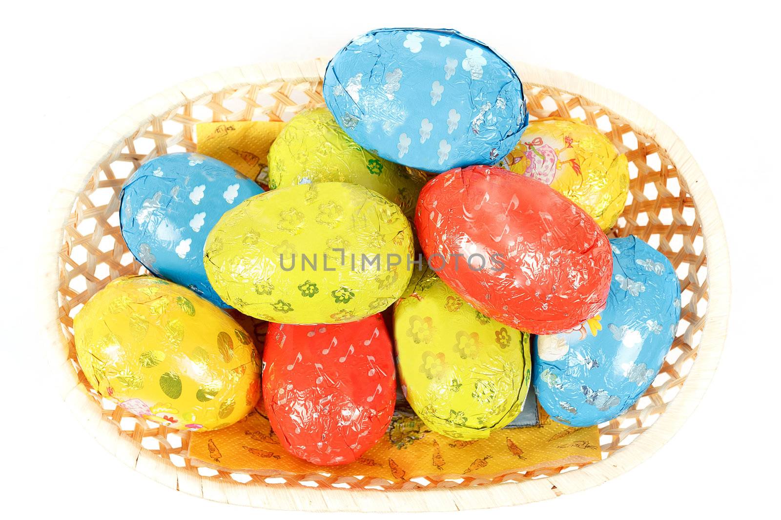 easter chocolate eggs in a basket isolated on white