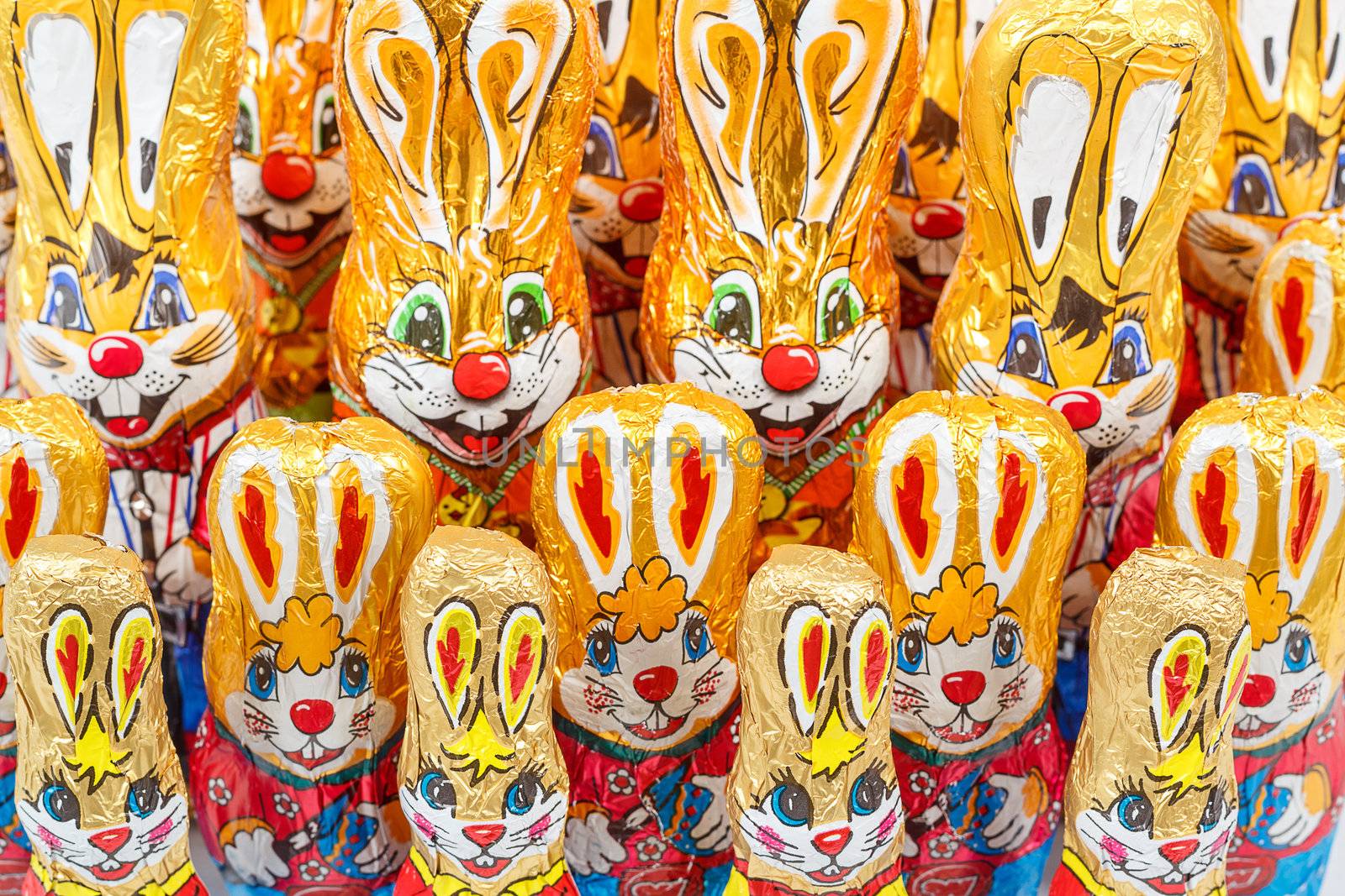 group of many color easter chocolate rabbits bunny