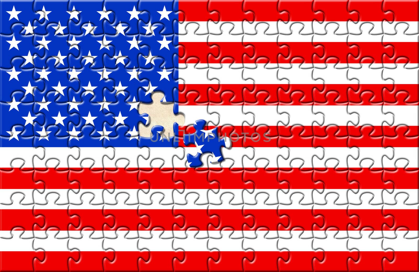 Puzzle with flag USA and one element not closed yet. Placed over paper texture.