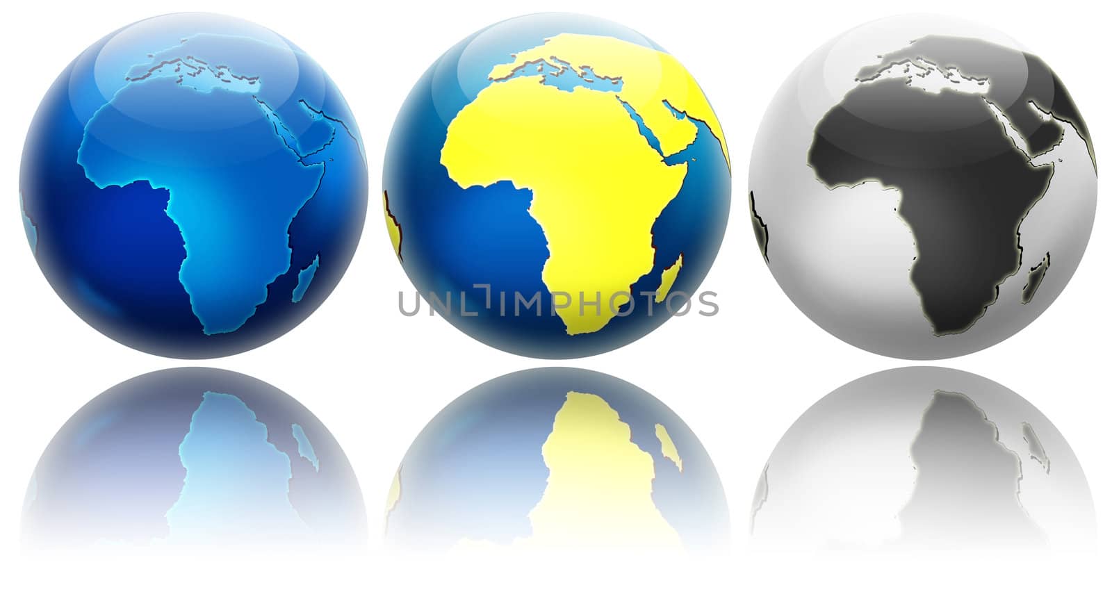 Three different colors globe variations. View to Africa. Isolated on white with reflections. 