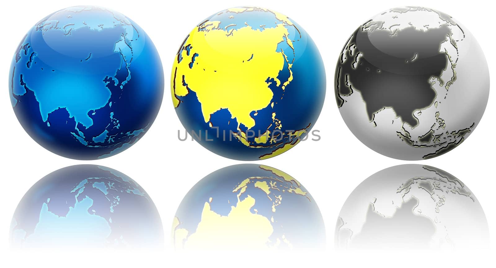 Three different colors globe variations. View to Asia and Oceania. Isolated on white with reflections. 