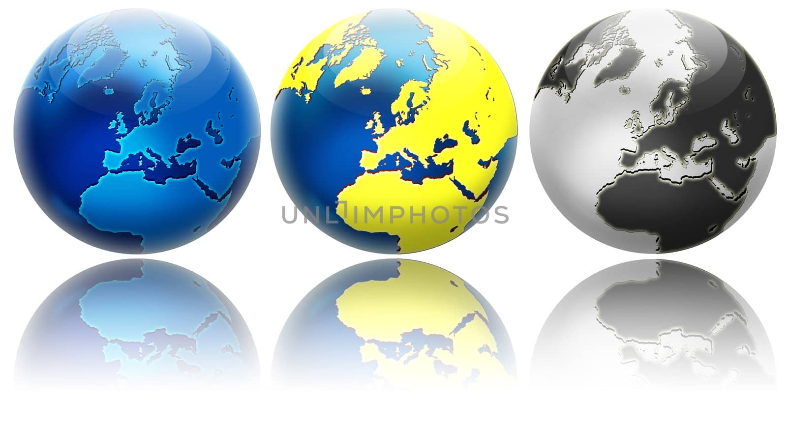 Three different colors globe variations. View to Europe and North America. Isolated on white with reflections. 
